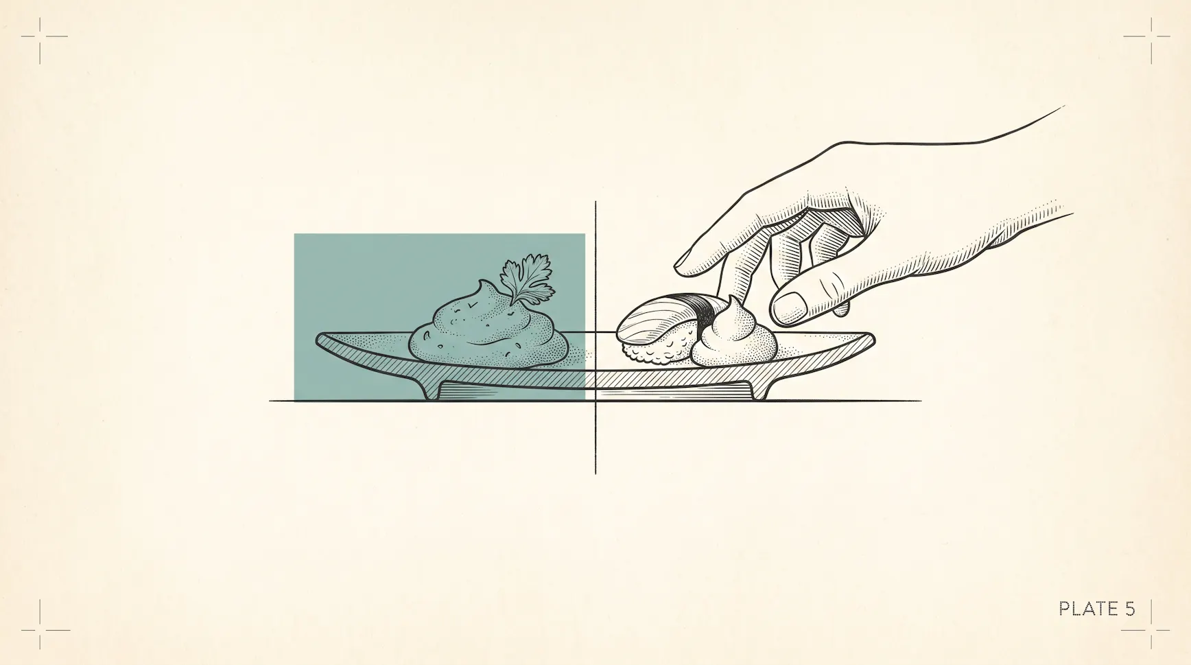 Line illustration of a hand reaching for a piece of nigiri on a plate beside a large dollop of wasabi
