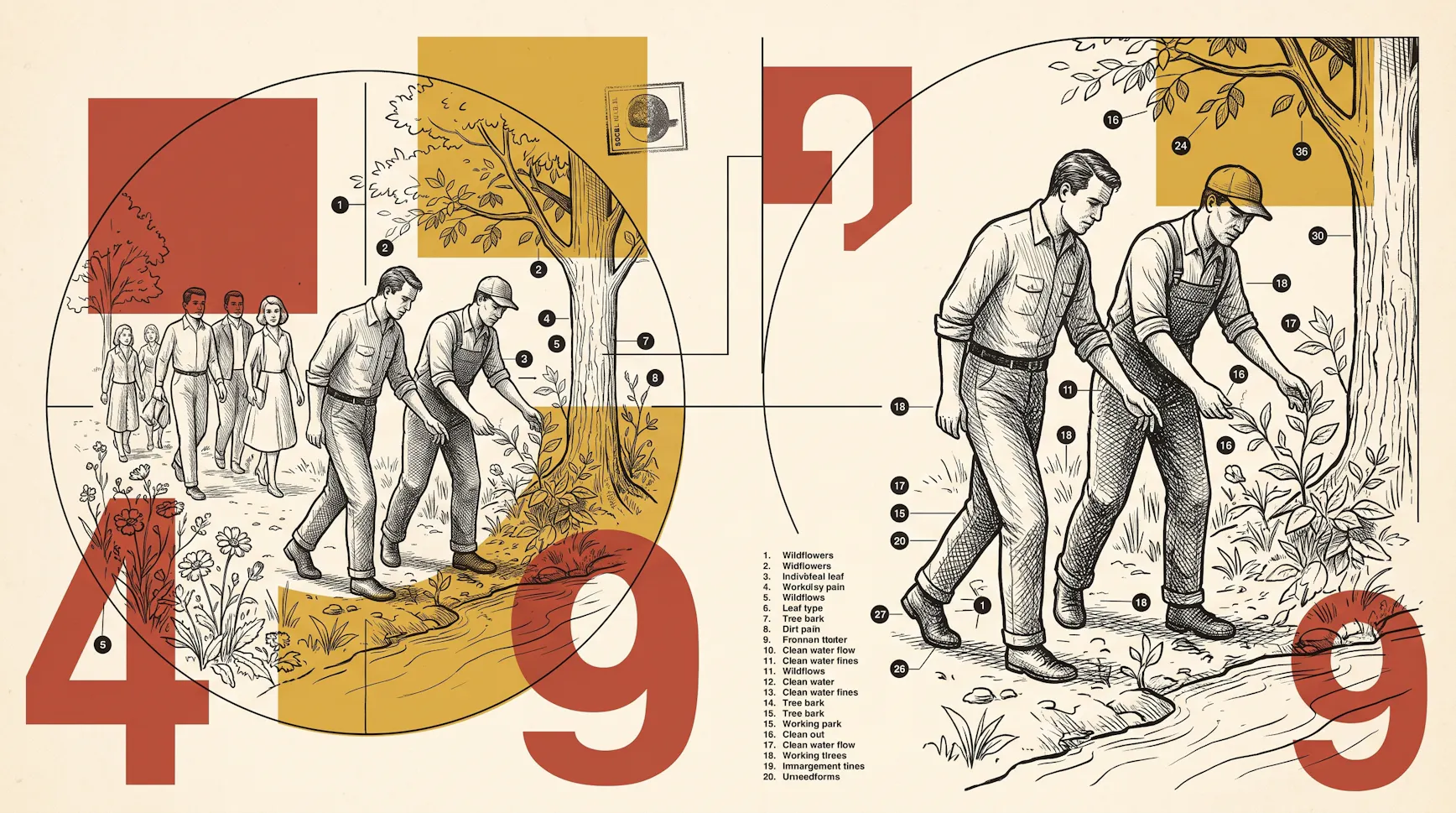 Vintage field-guide illustration of workers tending plants along a stream, with numbered callouts