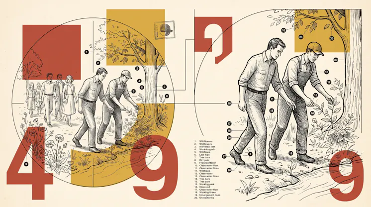 Vintage field-guide illustration of workers tending plants along a stream, with numbered callouts