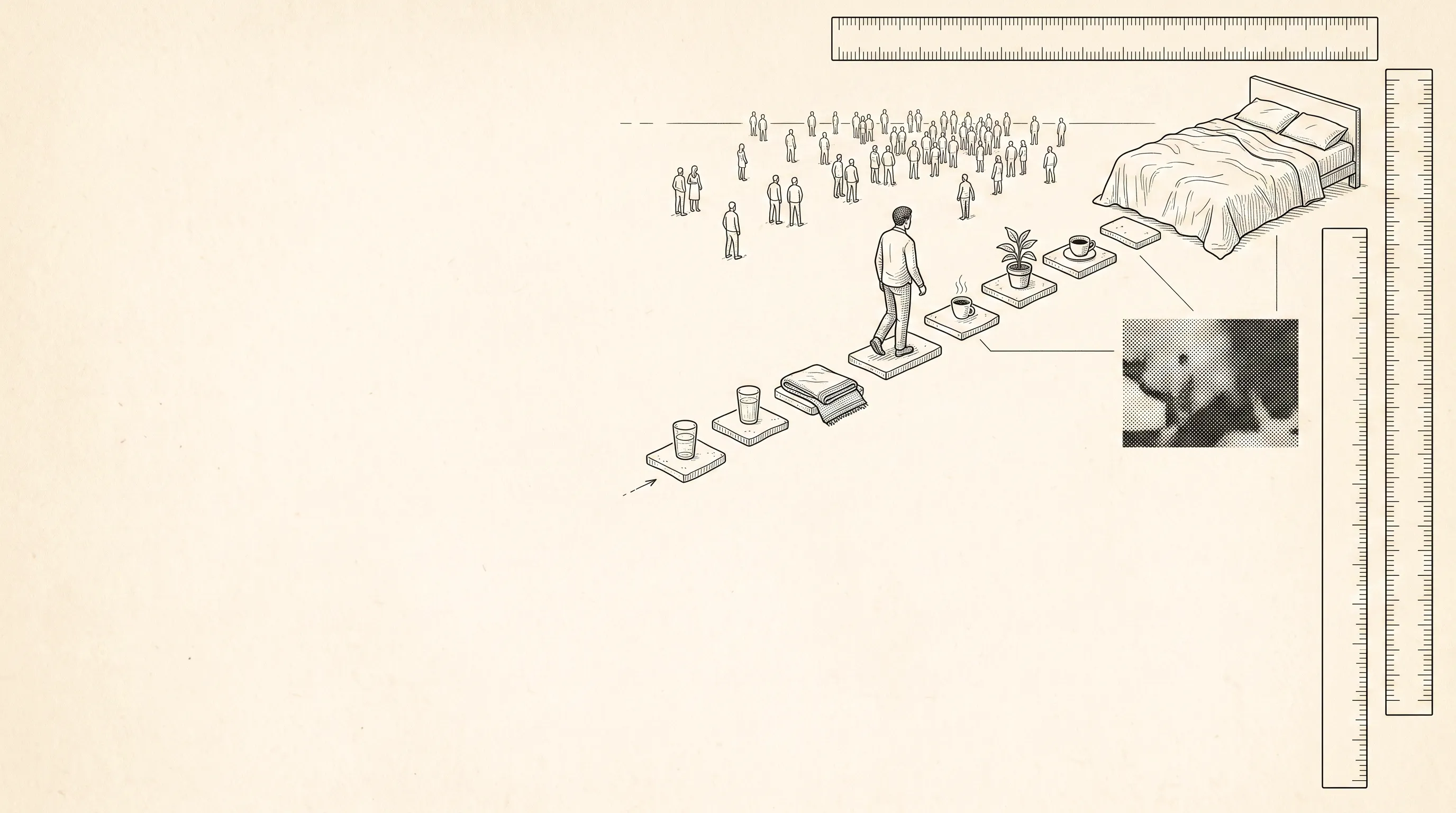 Illustration of a man climbing stepping stones of small habits, from a glass of water to a made bed, away from a crowd