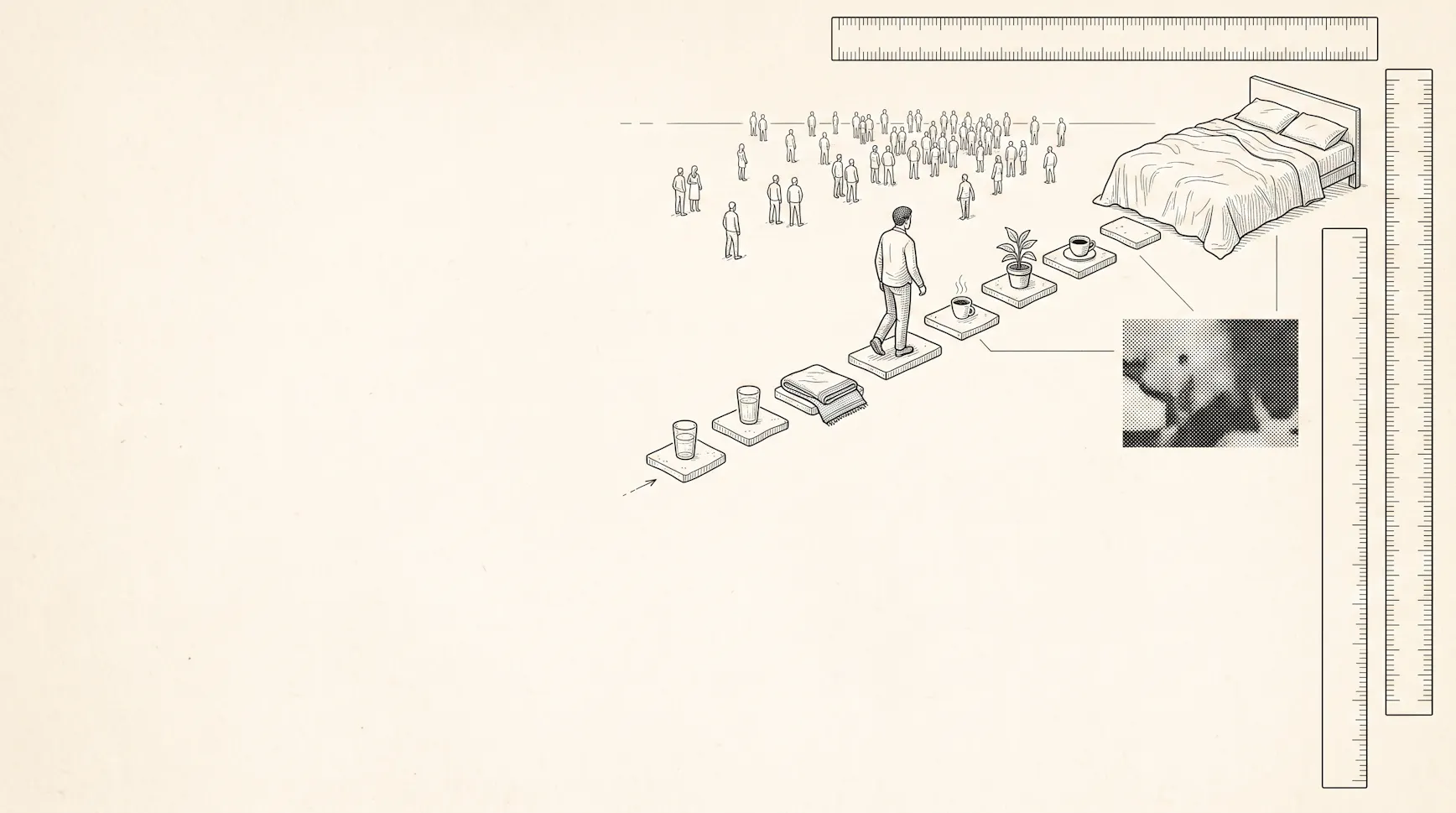 Illustration of a man climbing stepping stones of small habits, from a glass of water to a made bed, away from a crowd