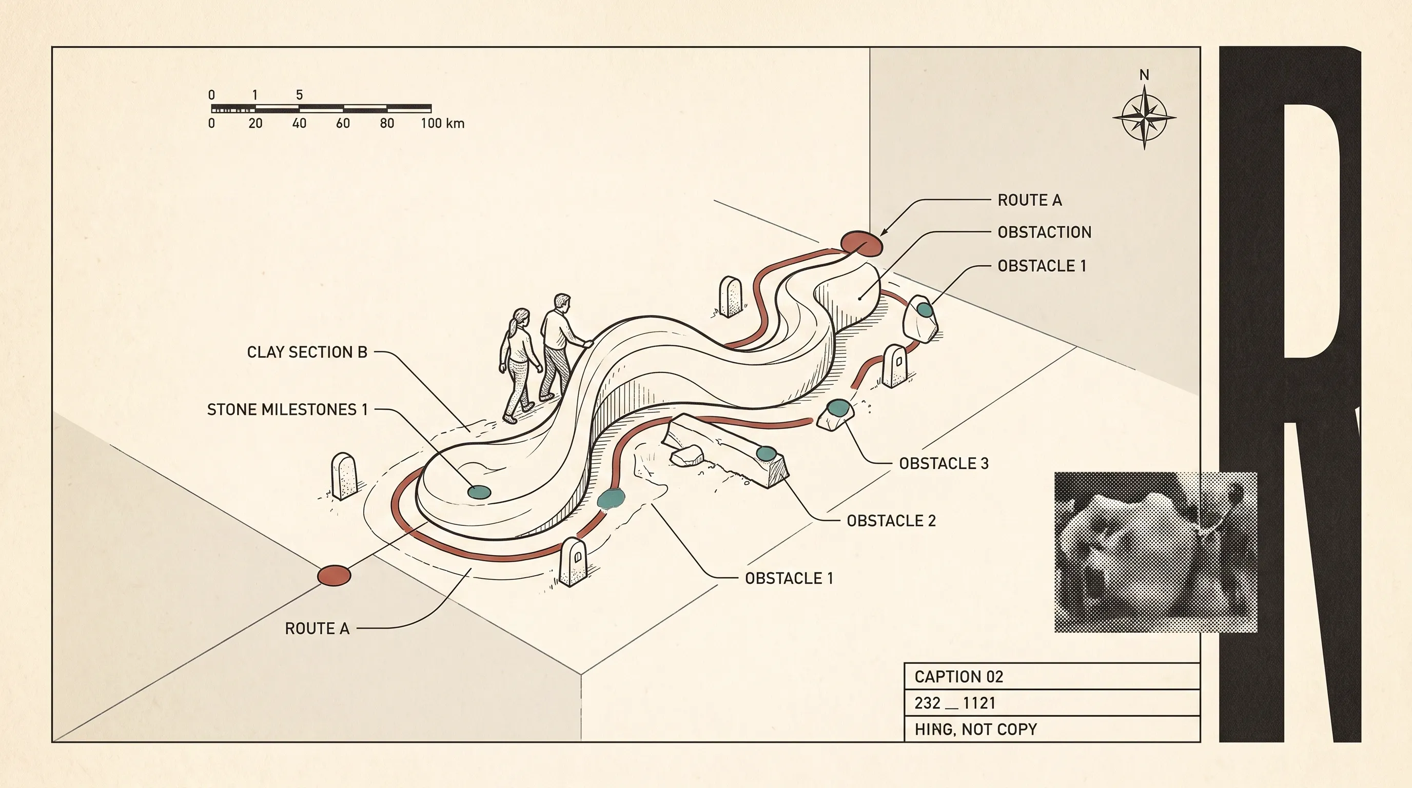 Isometric map-style illustration of two people walking a winding route marked with milestones and obstacles