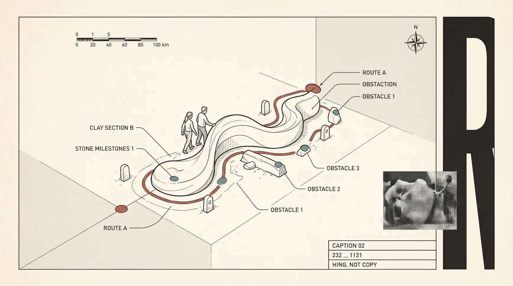 Isometric map-style illustration of two people walking a winding route marked with milestones and obstacles