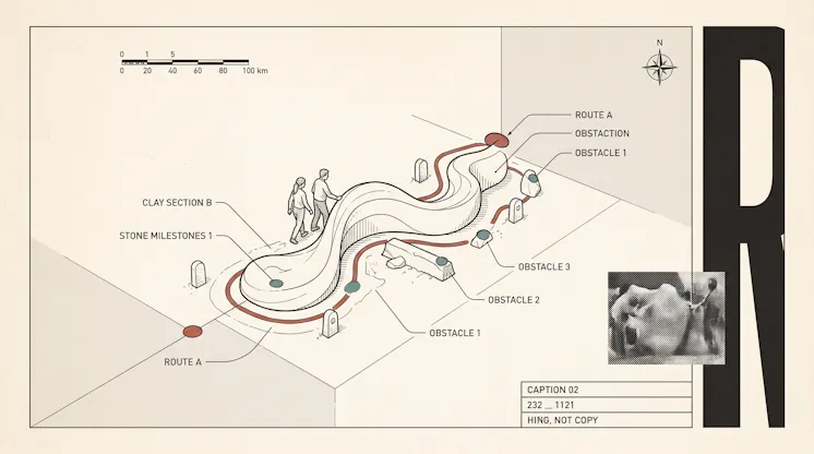 Isometric map-style illustration of two people walking a winding route marked with milestones and obstacles