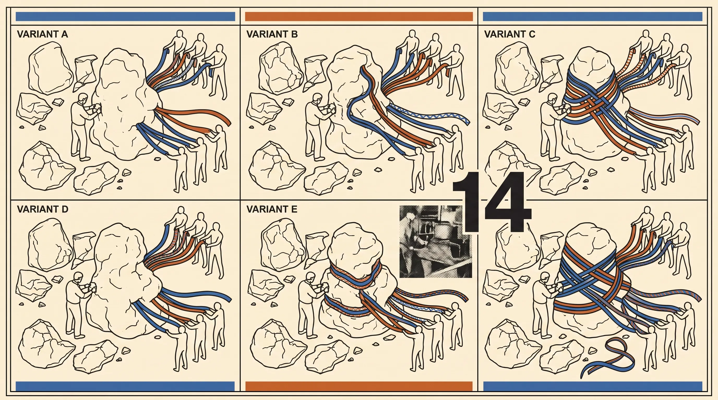 Illustrated sheet of six variants showing teams pulling colored ribbons from a boulder, labeled Variant A through E