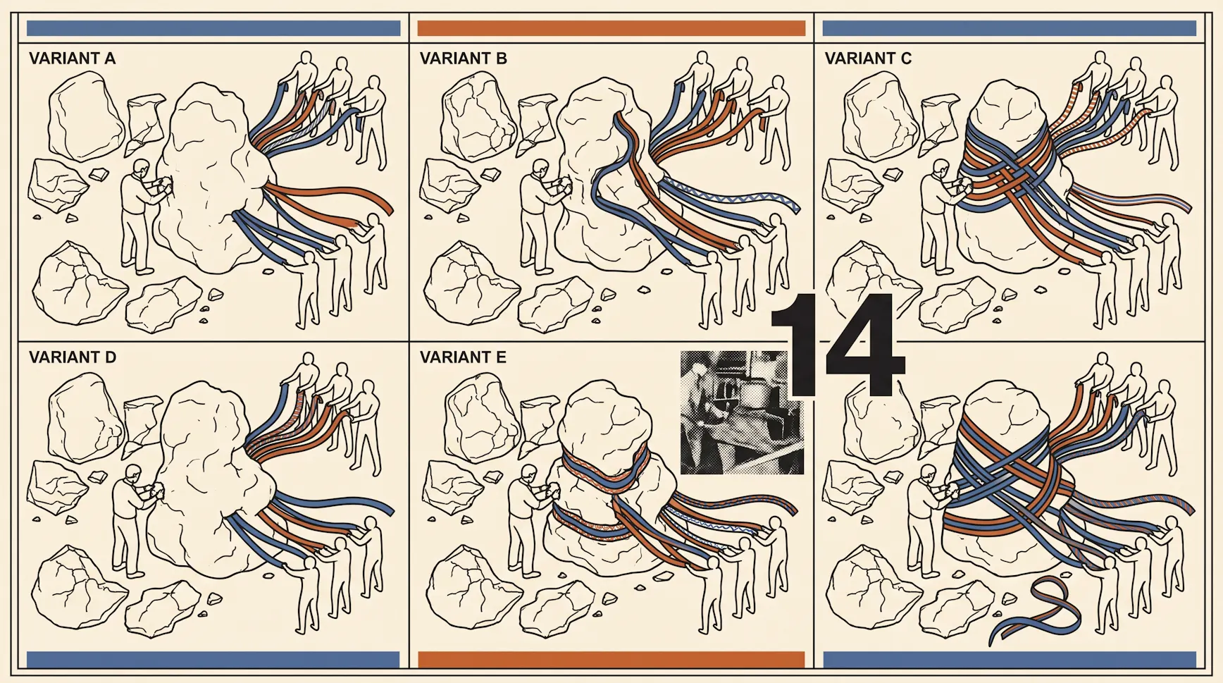 Illustrated sheet of six variants showing teams pulling colored ribbons from a boulder, labeled Variant A through E