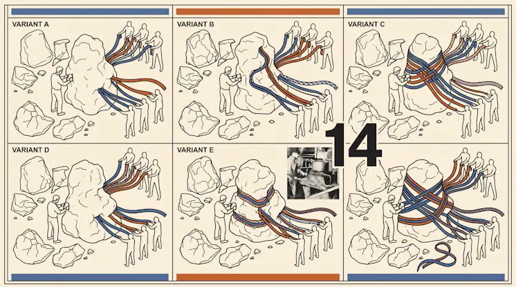 Illustrated sheet of six variants showing teams pulling colored ribbons from a boulder, labeled Variant A through E