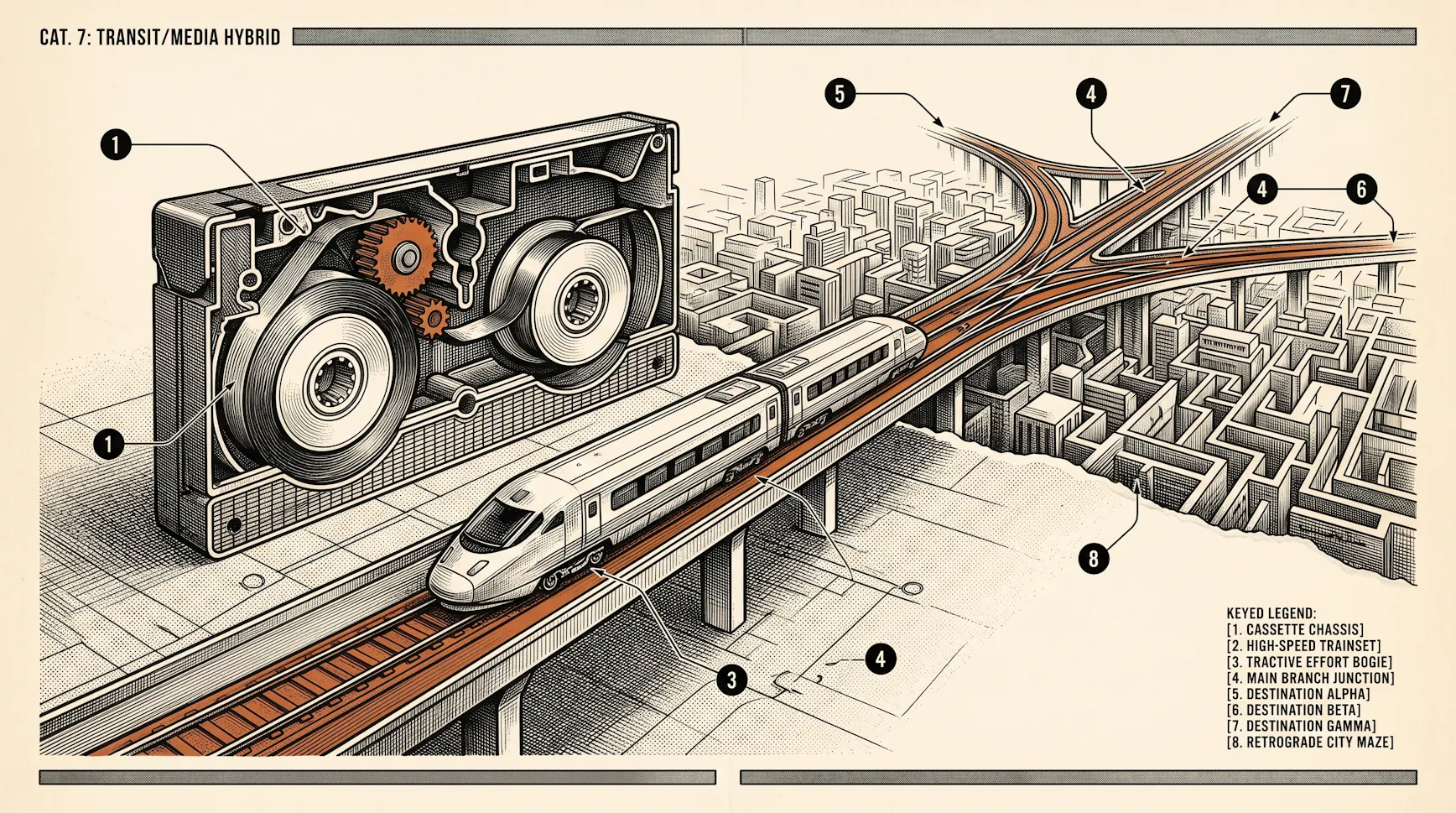 Retro technical illustration of a cassette tape unspooling into a high-speed train on tracks branching over a city maze