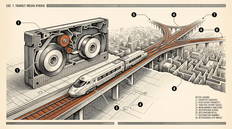 Retro technical illustration of a cassette tape unspooling into a high-speed train on tracks branching over a city maze