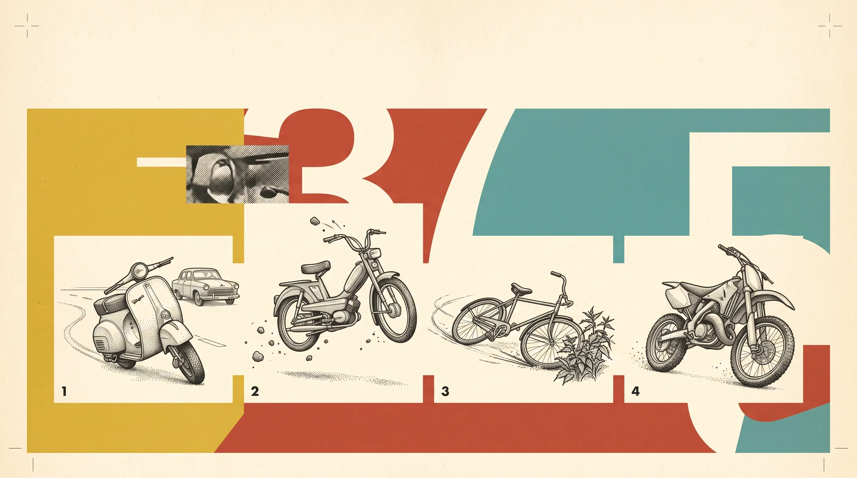 Illustration of a Vespa scooter, a moped, a bicycle and a dirt bike numbered 1 to 4 against large colour-block numerals