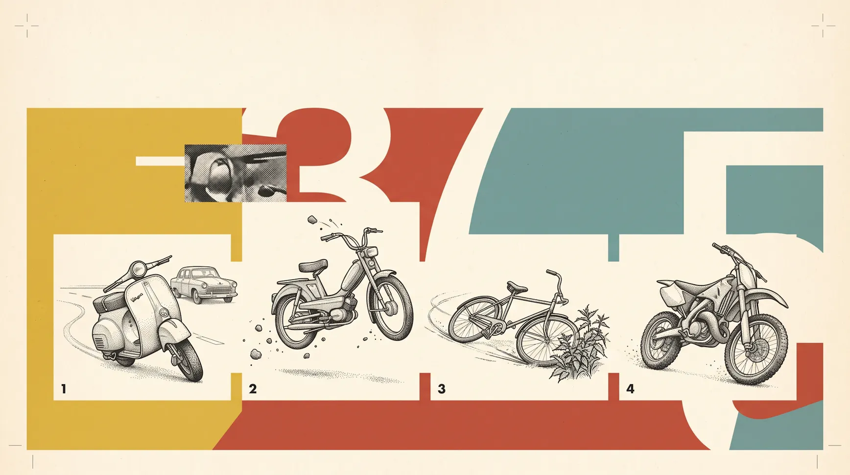 Illustration of a Vespa scooter, a moped, a bicycle and a dirt bike numbered 1 to 4 against large colour-block numerals