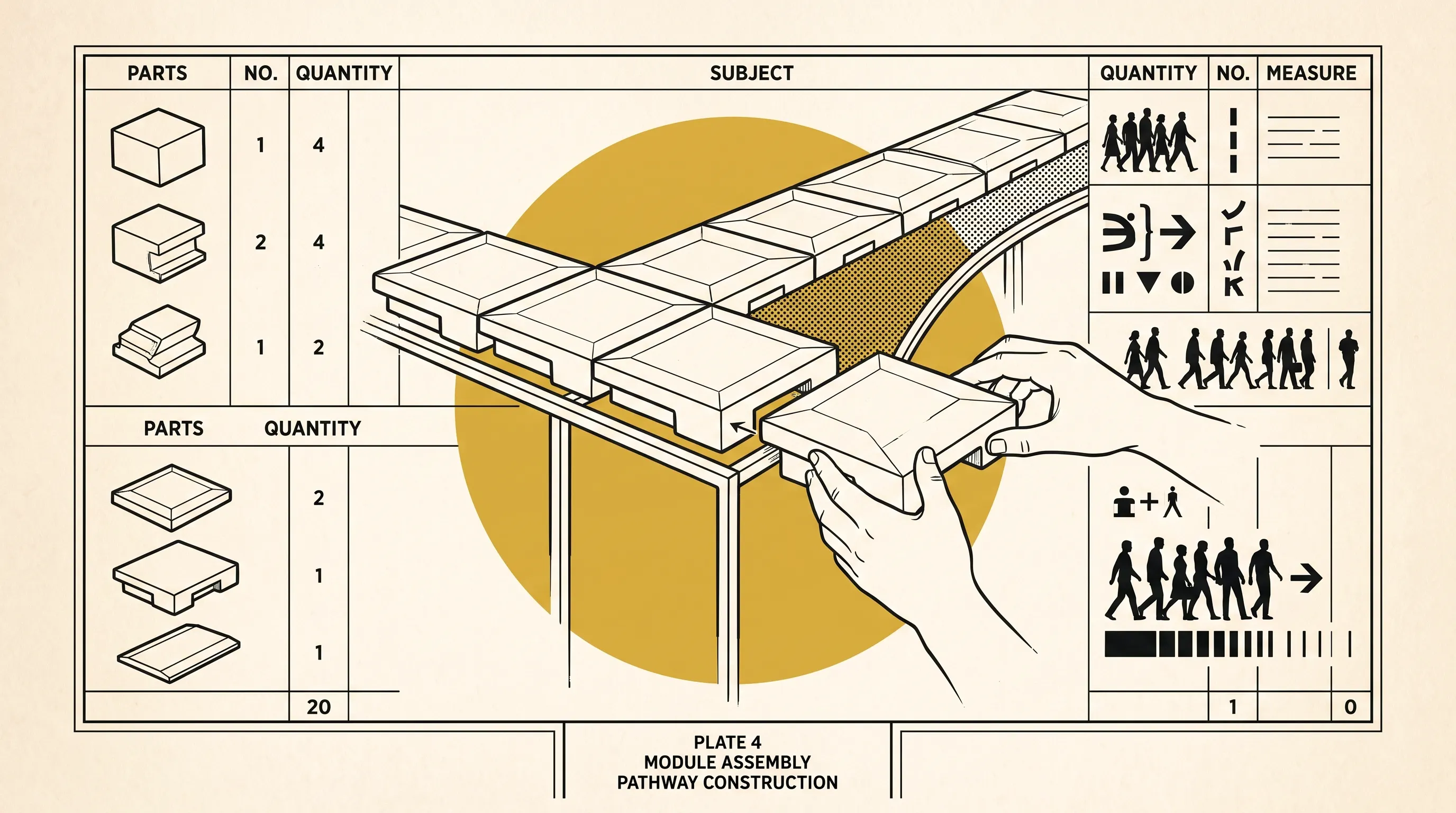 Technical drawing of hands fitting a block into an assembled pathway of modules, titled 'Plate 4: Module assembly, pathway construction', with parts tables