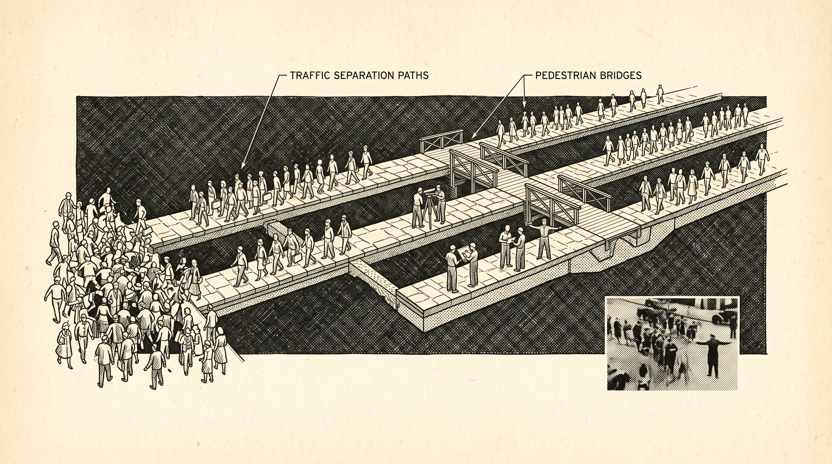 Retro illustration of a crowd splitting onto separated pedestrian bridges while a small team surveys and directs the flow