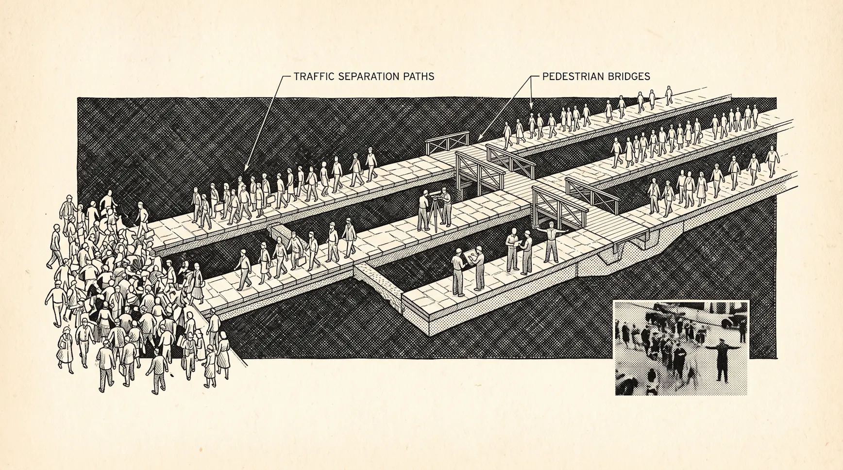 Retro illustration of a crowd splitting onto separated pedestrian bridges while a small team surveys and directs the flow