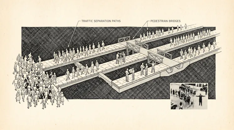 Retro illustration of a crowd splitting onto separated pedestrian bridges while a small team surveys and directs the flow