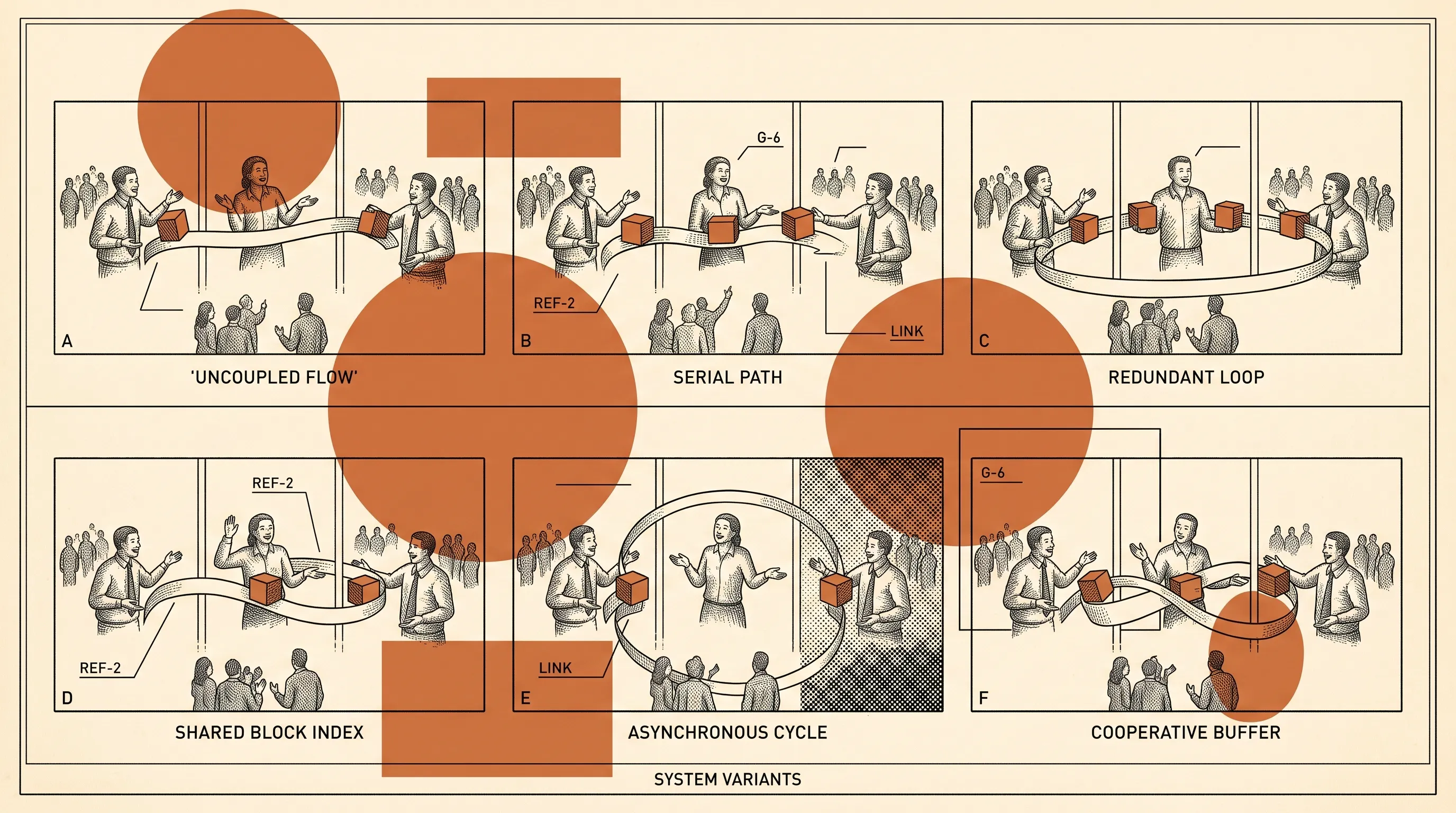 Retro technical illustration of six team-meeting variants with people passing blocks along ribbons, labeled uncoupled flow, serial path and redundant loop