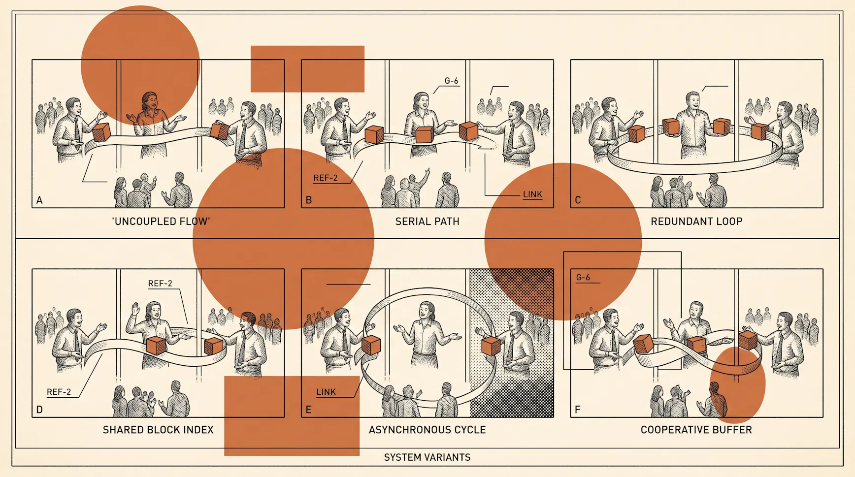 Retro technical illustration of six team-meeting variants with people passing blocks along ribbons, labeled uncoupled flow, serial path and redundant loop