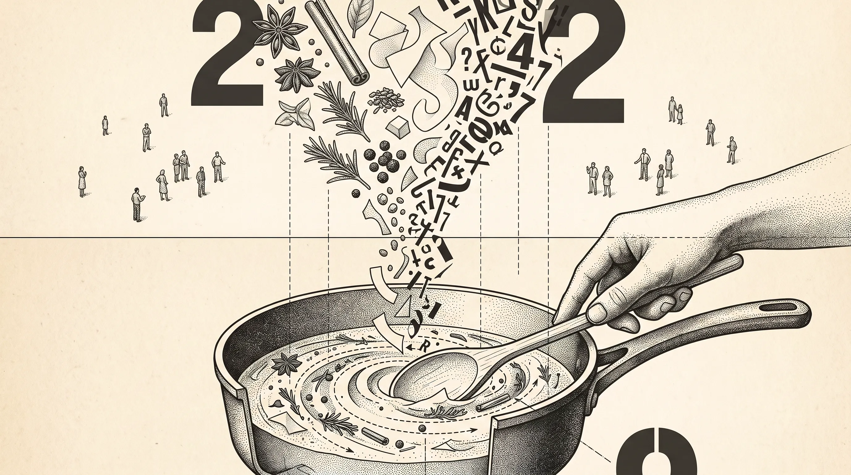 Illustration of spices, herbs and scattered letters pouring into a saucepan being stirred, with tiny onlookers and a giant numeral 2