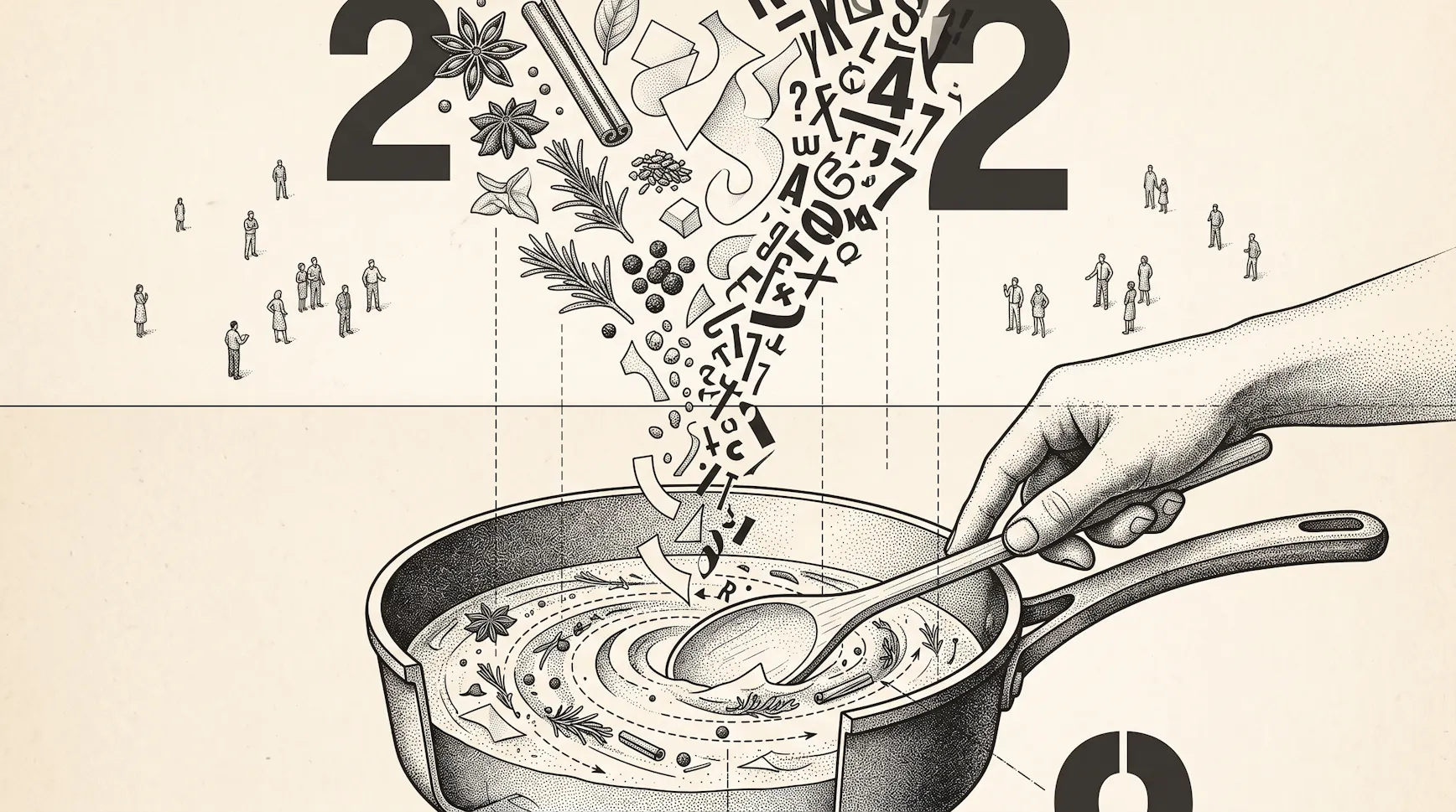 Illustration of spices, herbs and scattered letters pouring into a saucepan being stirred, with tiny onlookers and a giant numeral 2