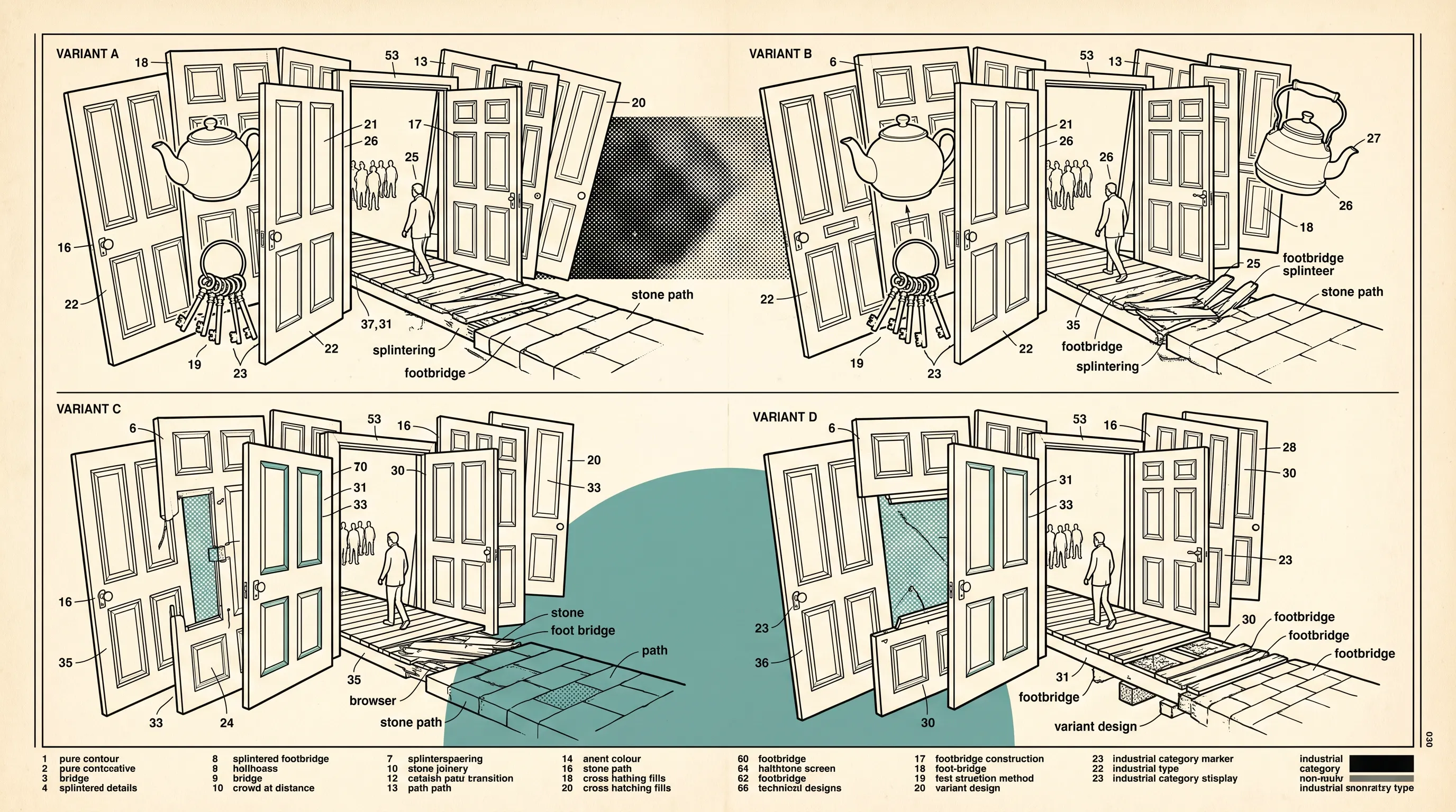 Vintage technical illustration in four variants of a person crossing a splintering footbridge through a maze of open doors, keys and a teapot