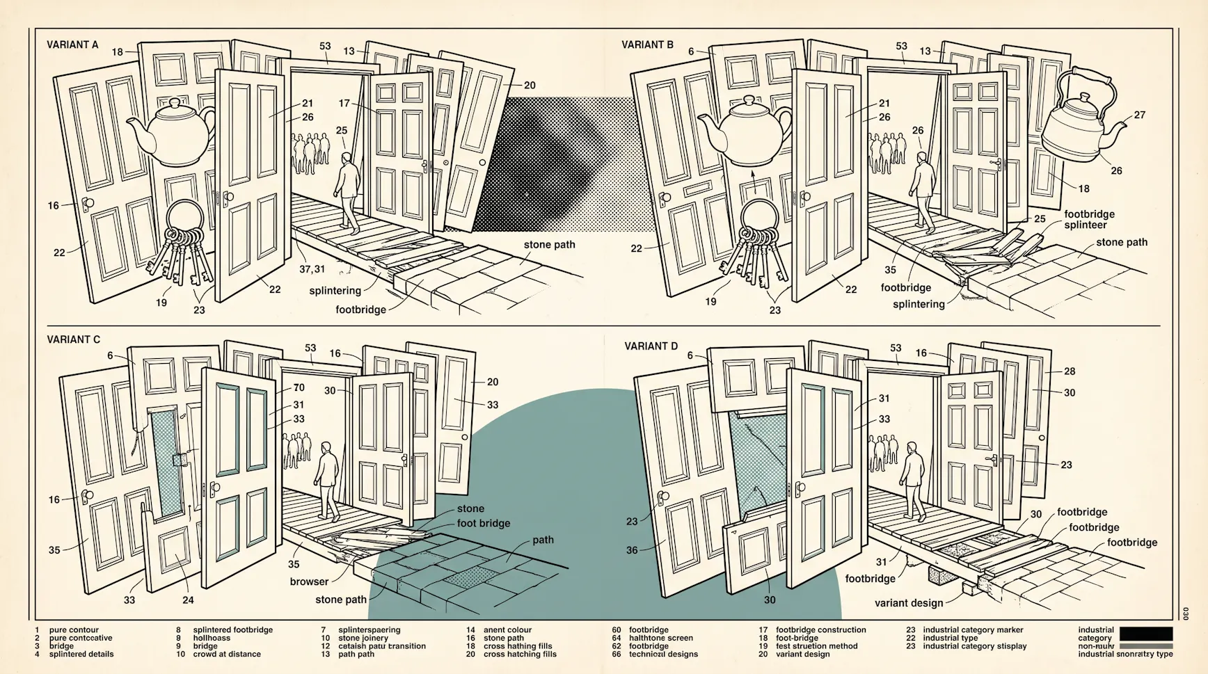Vintage technical illustration in four variants of a person crossing a splintering footbridge through a maze of open doors, keys and a teapot