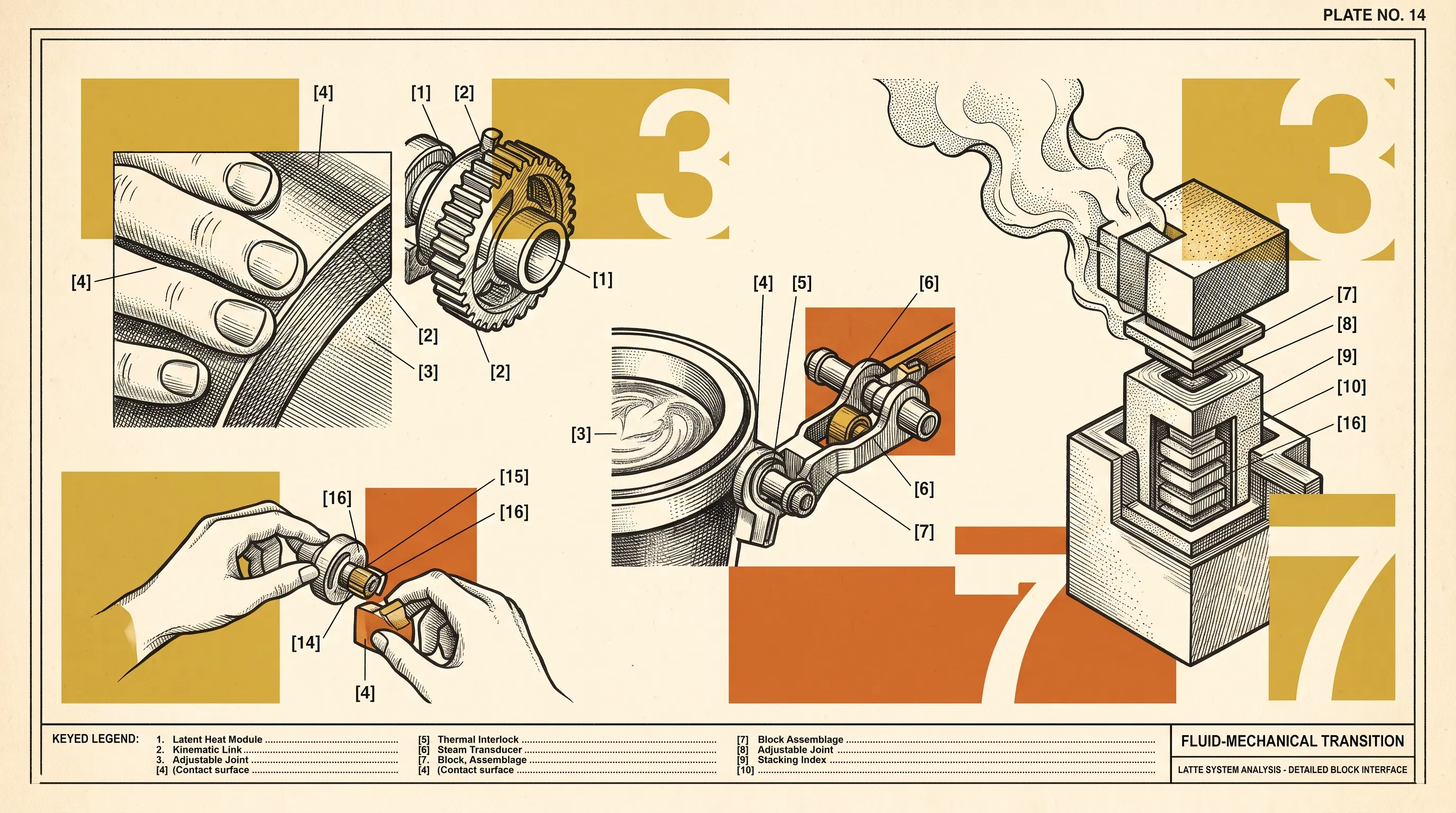 Vintage technical-plate illustration of hands adjusting gears and a steaming latte assembly, labelled 'Latte system analysis'