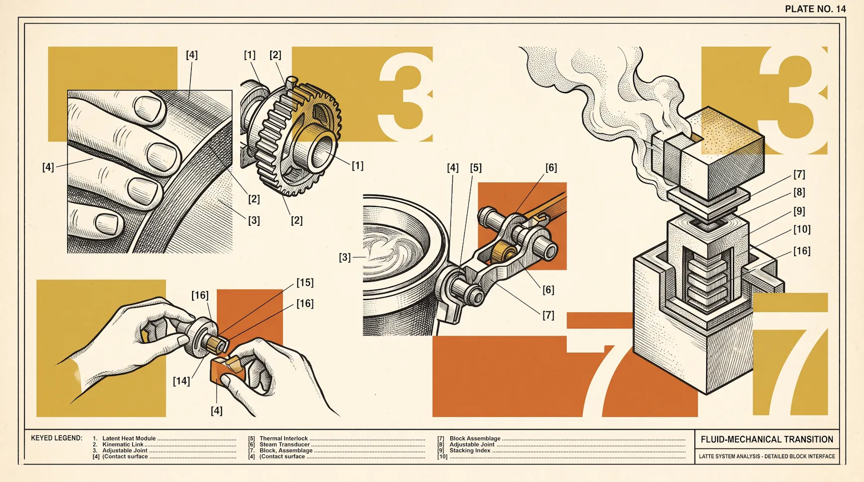 Vintage technical-plate illustration of hands adjusting gears and a steaming latte assembly, labelled 'Latte system analysis'