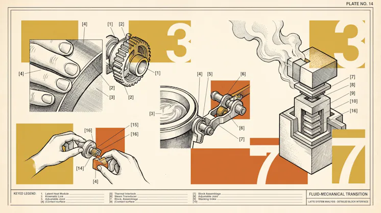 Vintage technical-plate illustration of hands adjusting gears and a steaming latte assembly, labelled 'Latte system analysis'