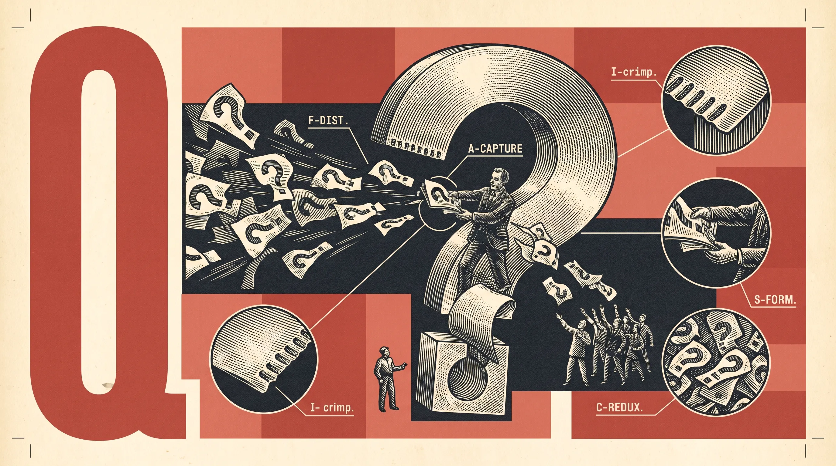 Red-and-black illustration of a man catching a stream of paper question marks in front of a giant question mark beside a large letter Q