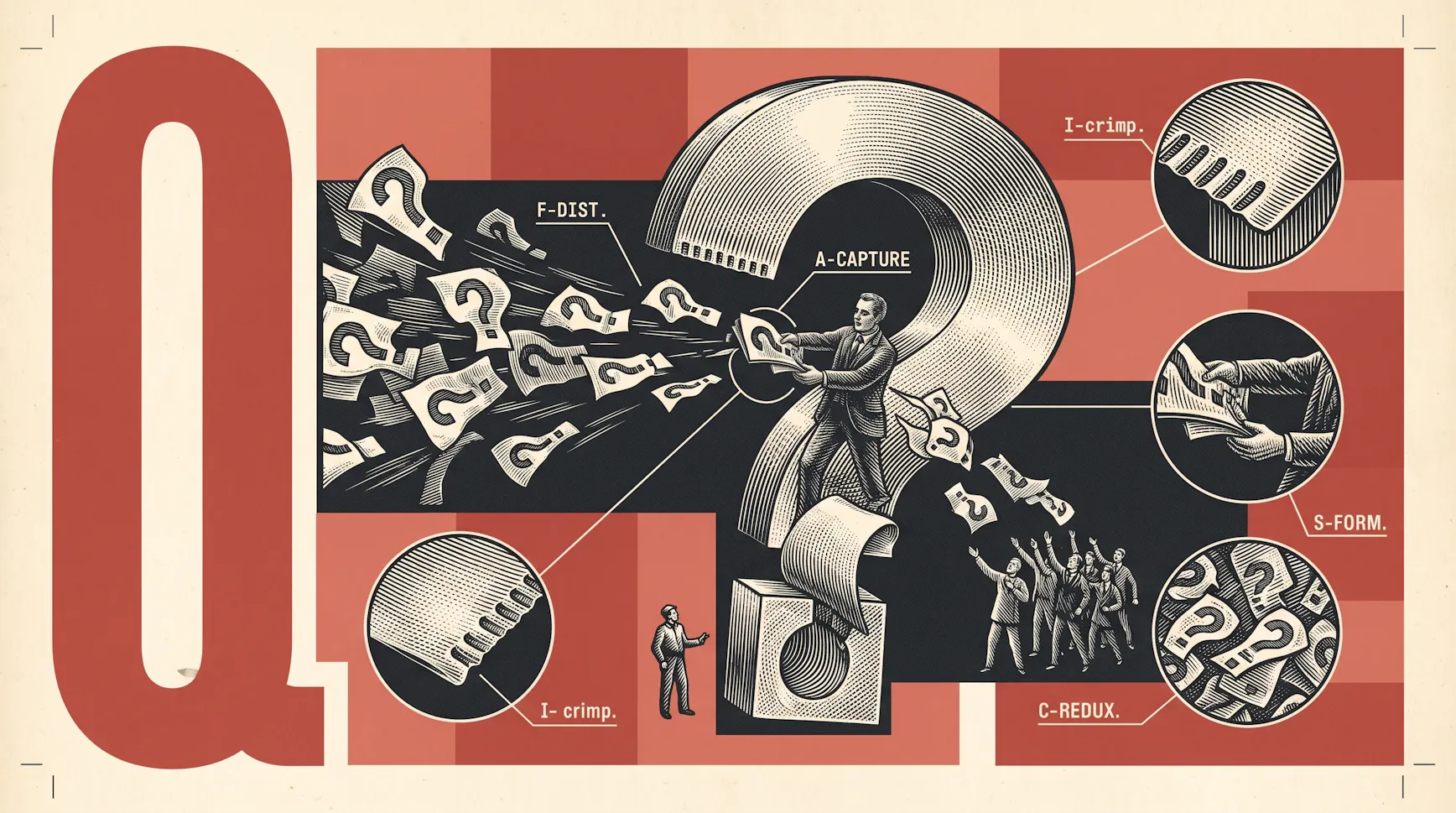 Red-and-black illustration of a man catching a stream of paper question marks in front of a giant question mark beside a large letter Q