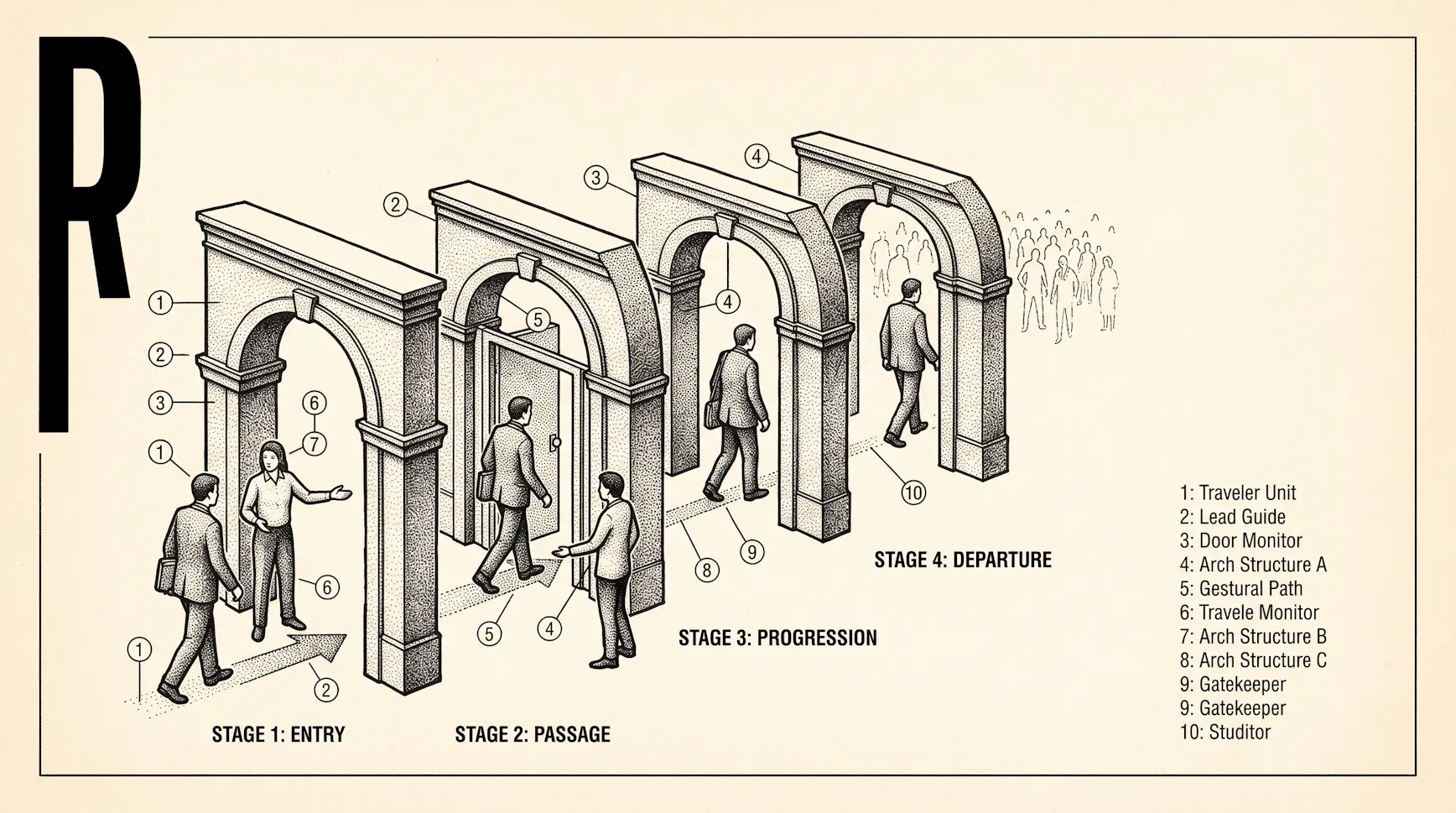 Illustrated diagram of people passing through four numbered arches labeled Entry, Passage, Progression and Departure, with a parts legend