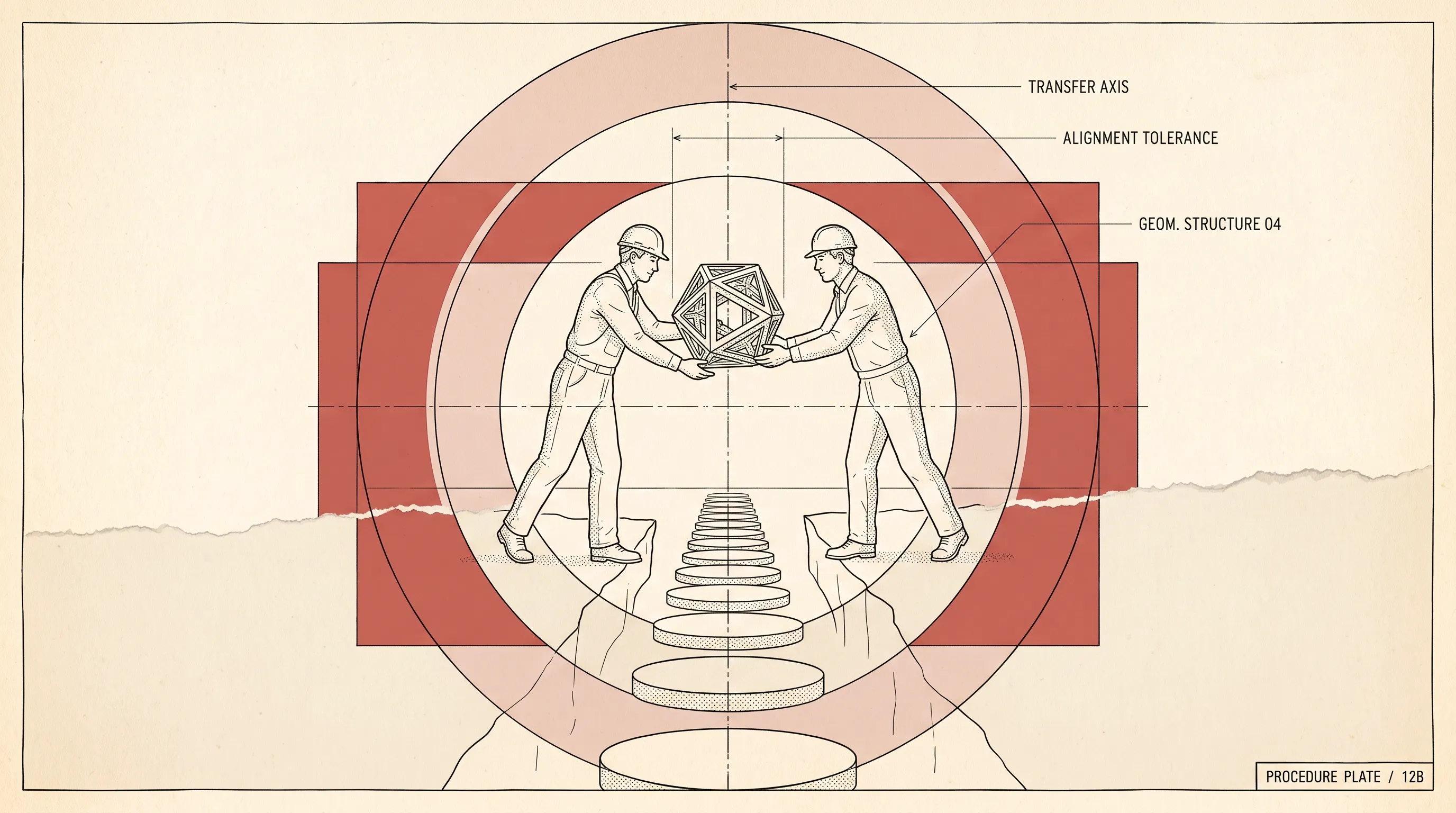 Technical-drawing illustration of two workers in hard hats passing a geometric icosahedron across a gap, labelled transfer axis and alignment tolerance