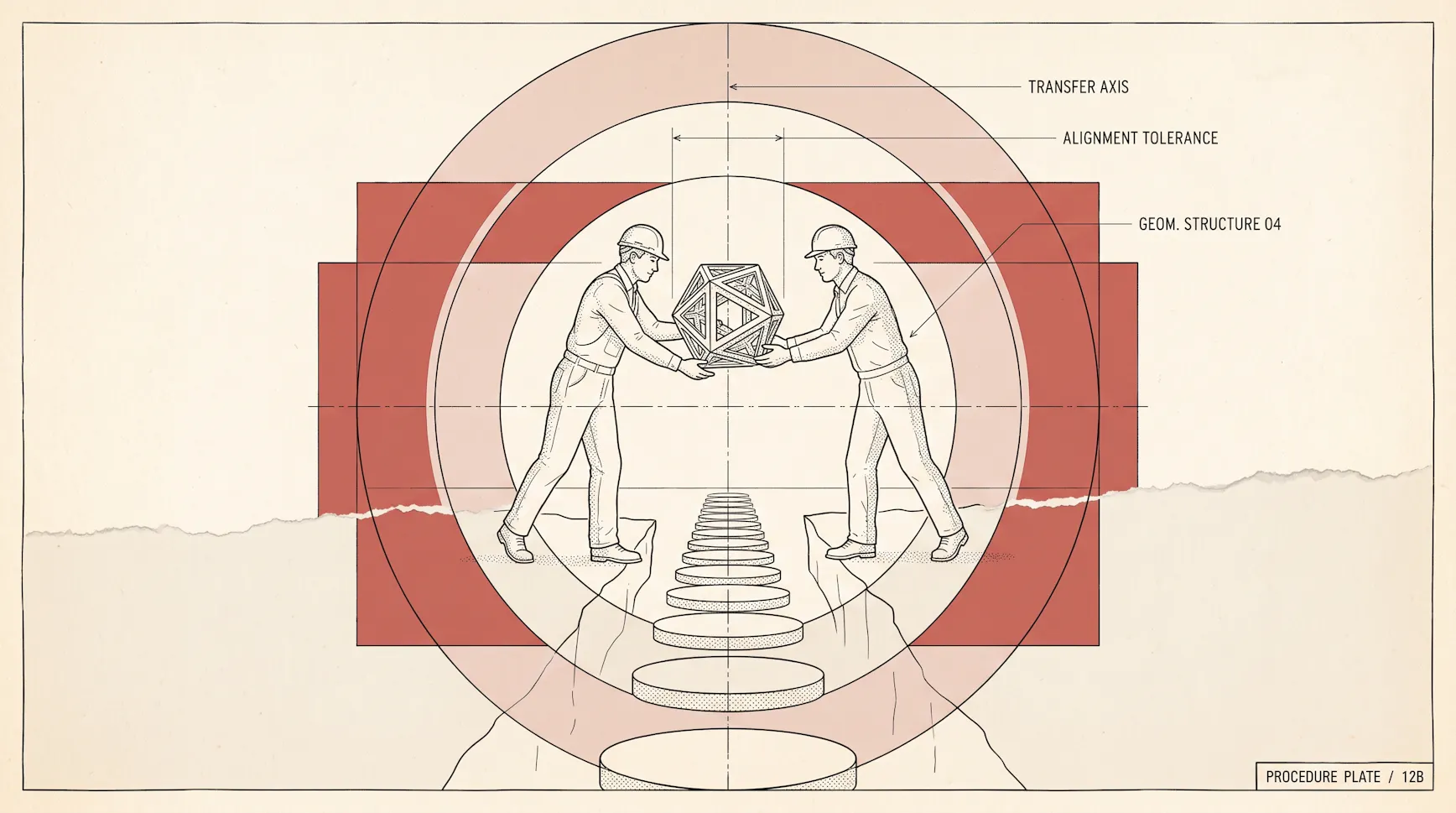 Technical-drawing illustration of two workers in hard hats passing a geometric icosahedron across a gap, labelled transfer axis and alignment tolerance