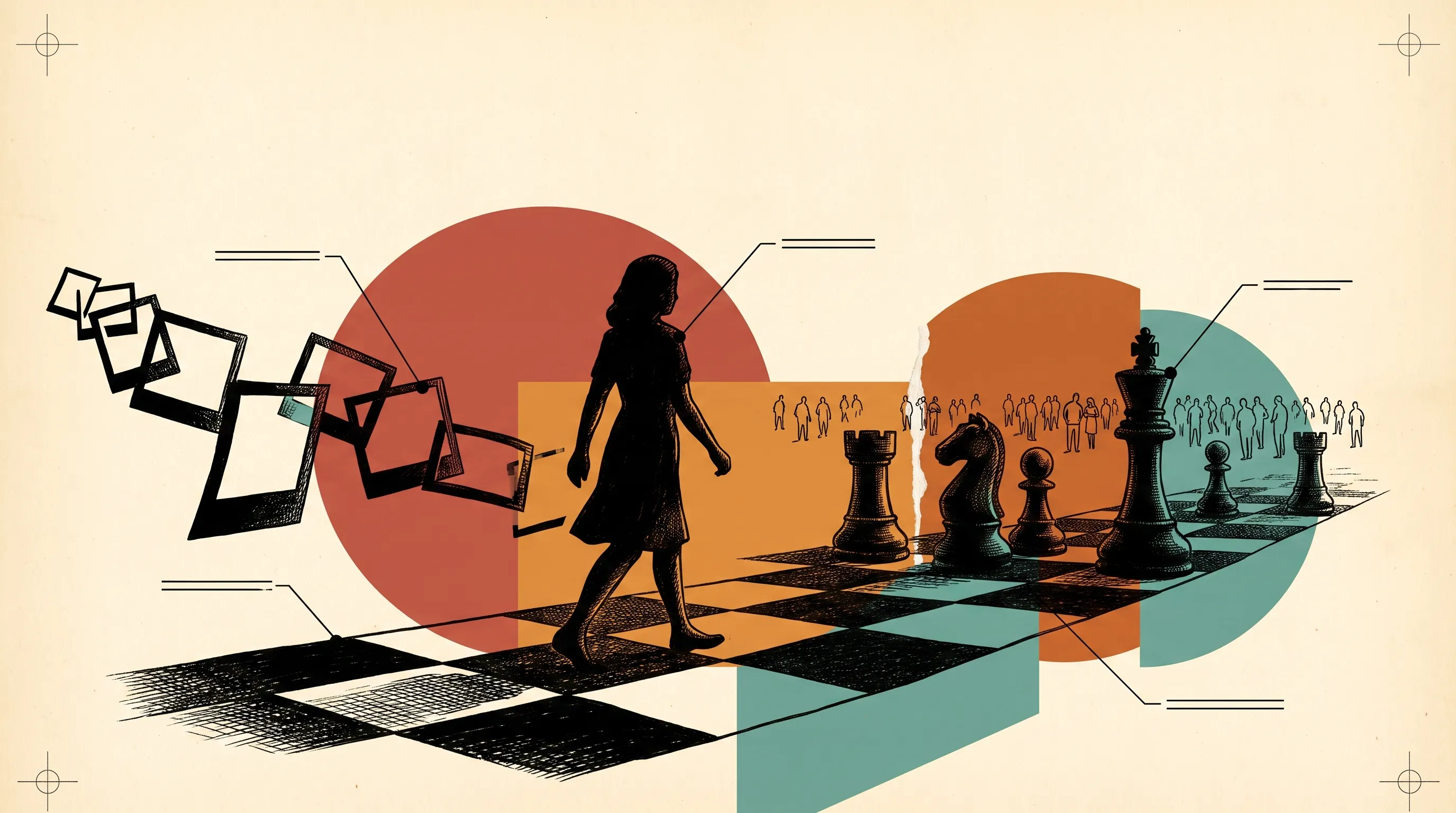 Illustration of a woman walking across a chessboard toward giant chess pieces, trailing a chain of picture frames
