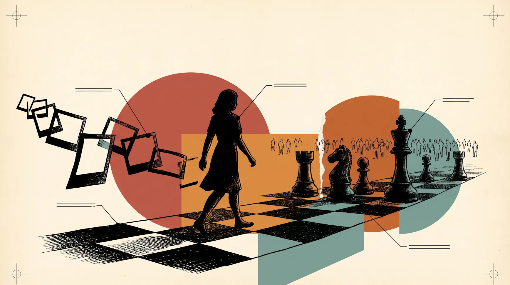 Illustration of a woman walking across a chessboard toward giant chess pieces, trailing a chain of picture frames