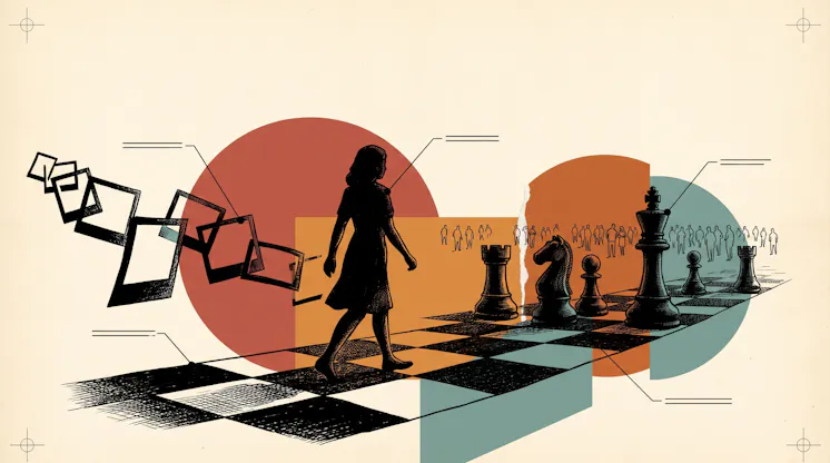 Illustration of a woman walking across a chessboard toward giant chess pieces, trailing a chain of picture frames