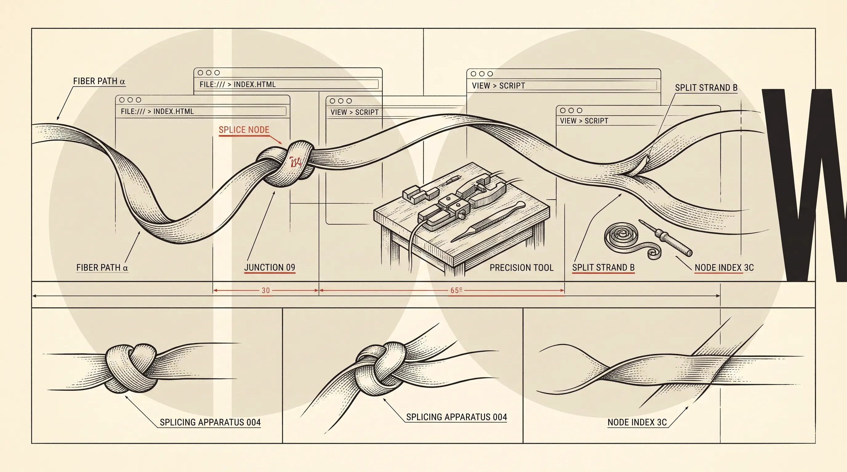 Editorial illustration of a woven fiber path spliced and split between browser windows labeled index.html and view script