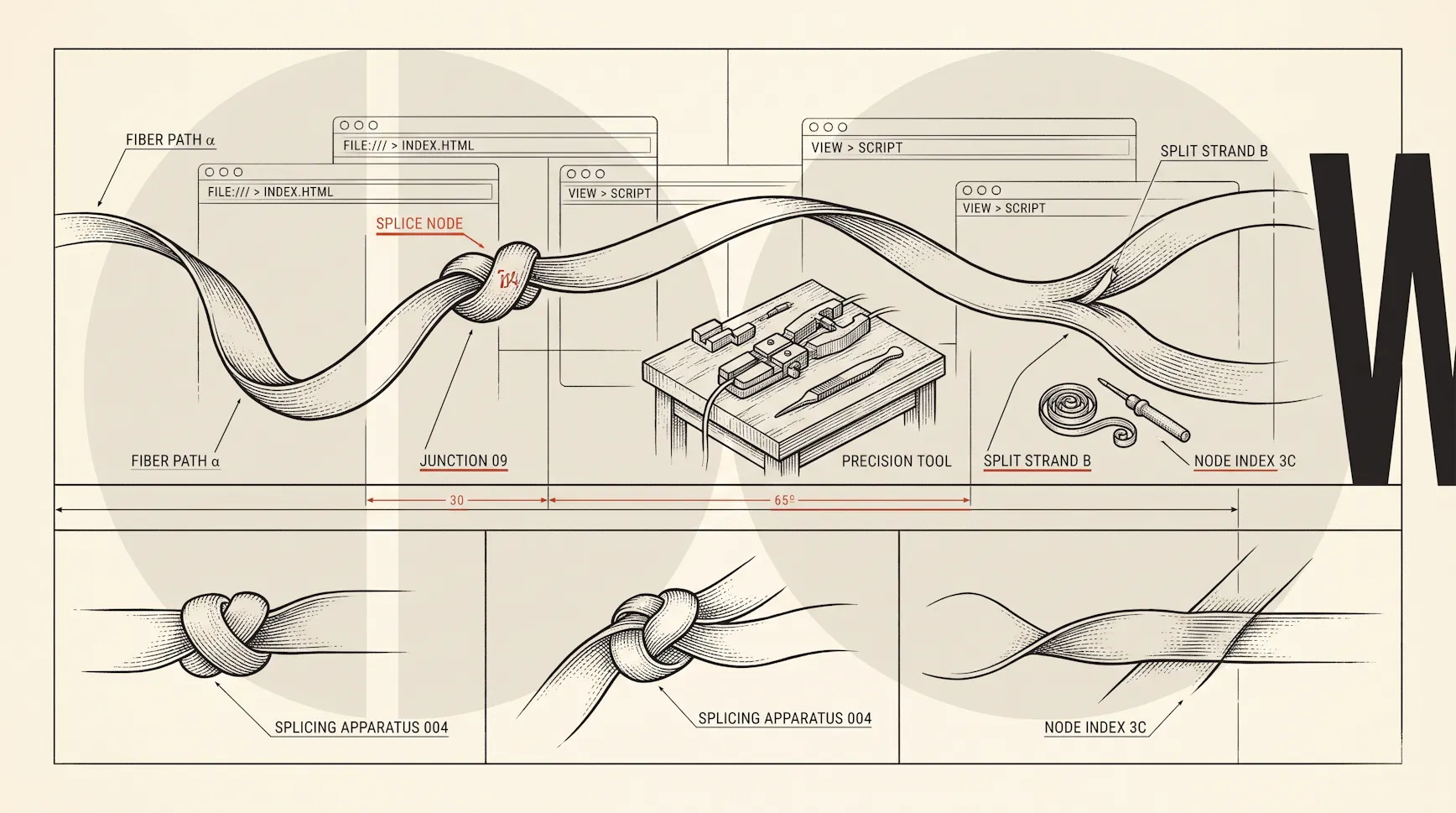 Editorial illustration of a woven fiber path spliced and split between browser windows labeled index.html and view script