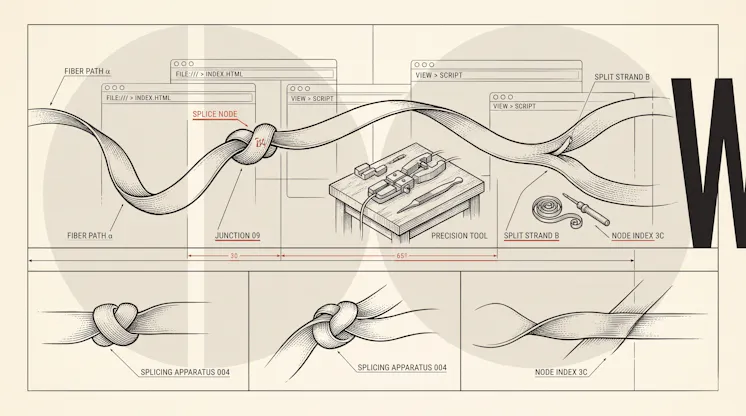 Editorial illustration of a woven fiber path spliced and split between browser windows labeled index.html and view script