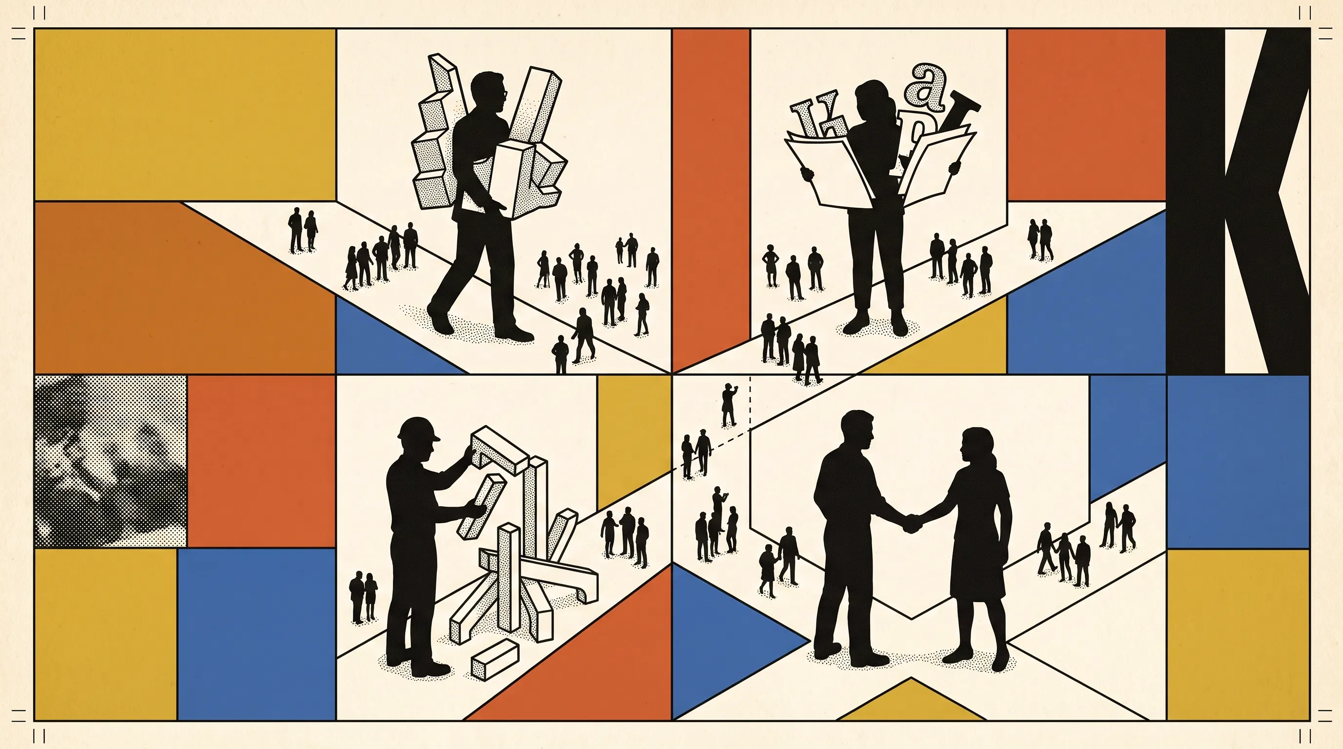Geometric illustration of silhouetted agency workers carrying letters, reading a newspaper, building a structure and shaking hands