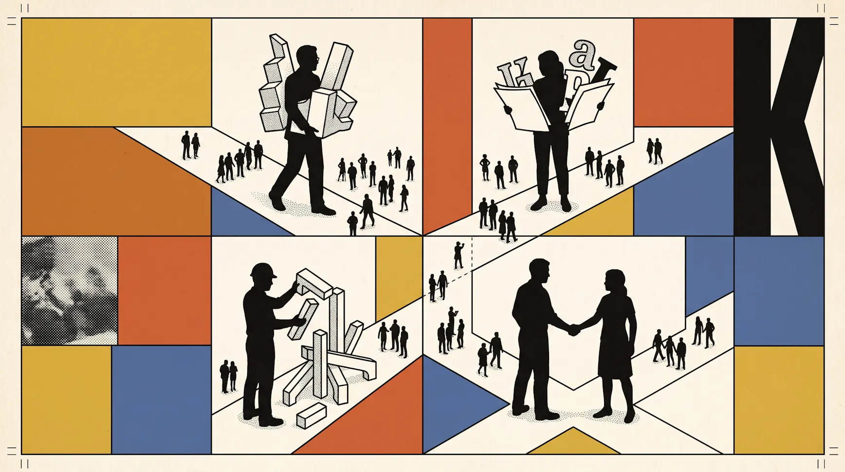 Geometric illustration of silhouetted agency workers carrying letters, reading a newspaper, building a structure and shaking hands