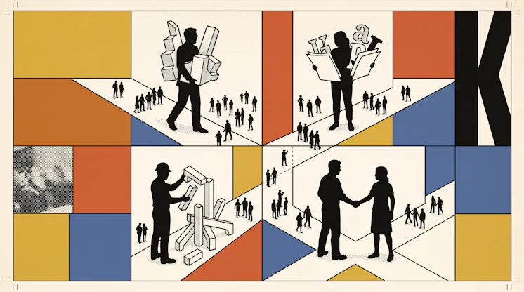 Geometric illustration of silhouetted agency workers carrying letters, reading a newspaper, building a structure and shaking hands