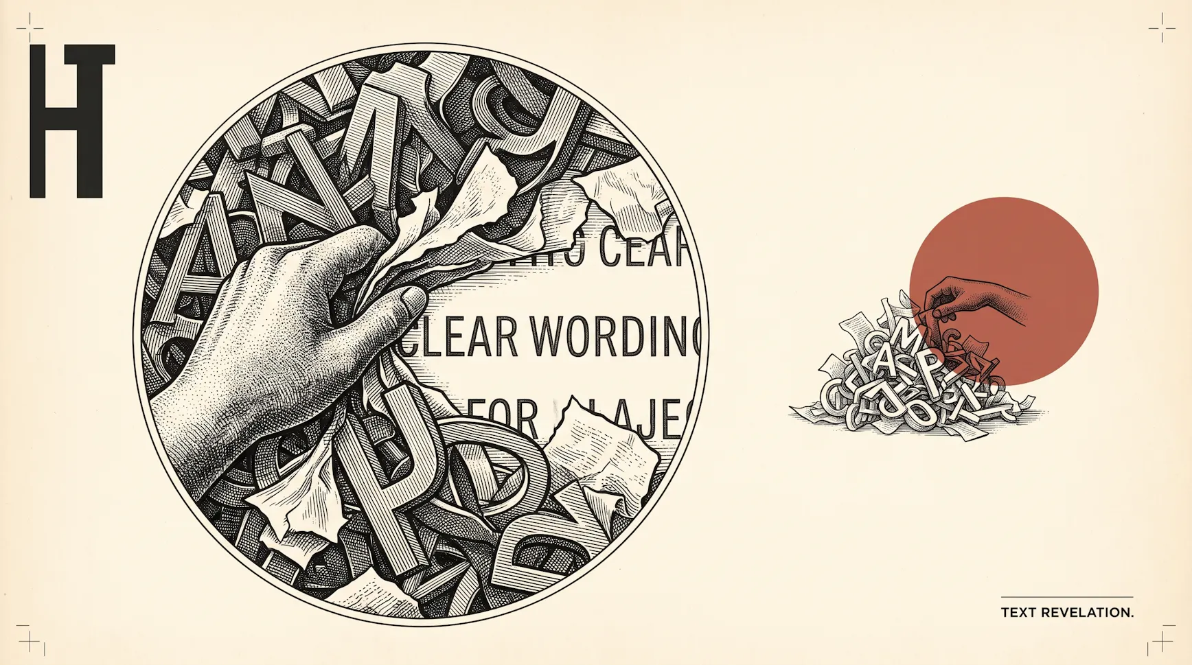Engraved illustration of a hand pulling away a tangle of jumbled letters to reveal the words 'clear wording' beneath