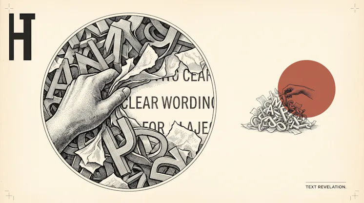 Engraved illustration of a hand pulling away a tangle of jumbled letters to reveal the words 'clear wording' beneath