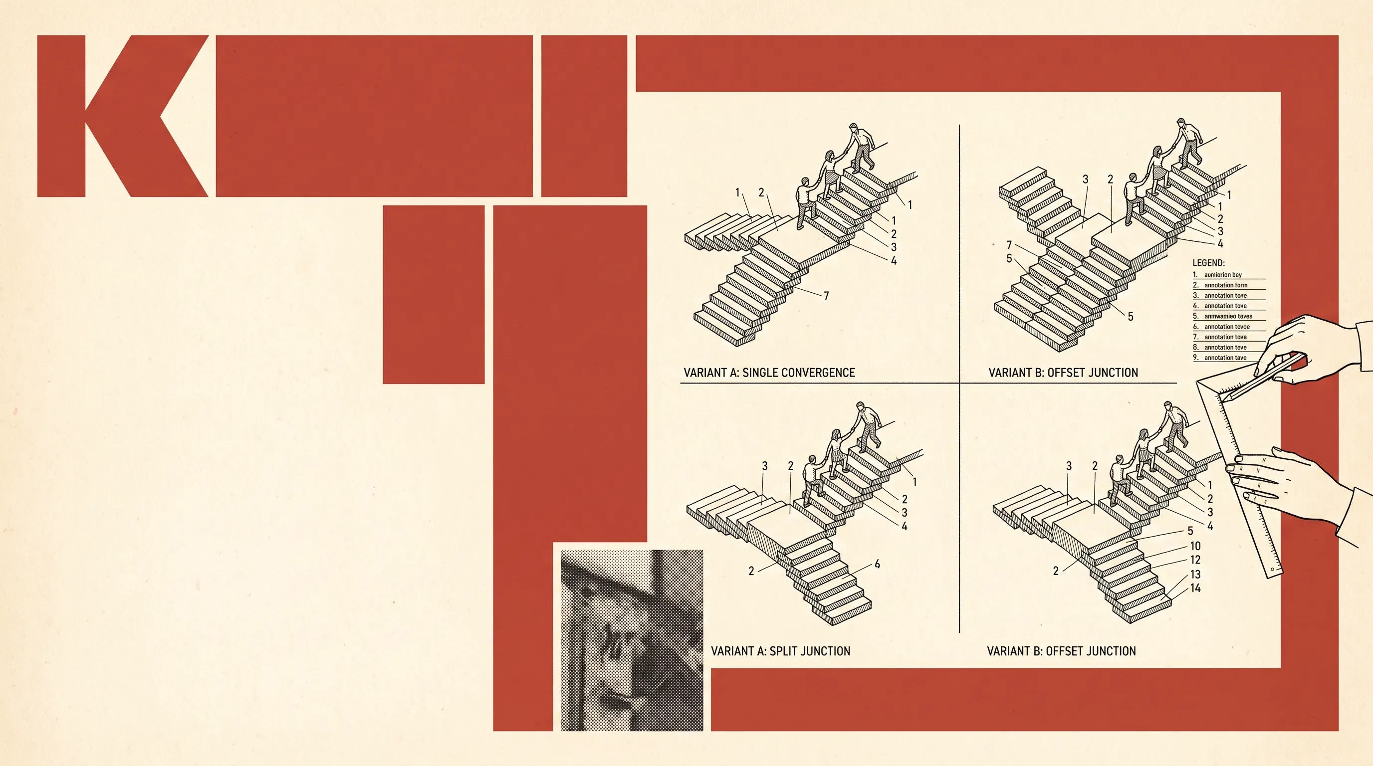 Red and cream schematic illustration of figures climbing four variants of converging staircases with a numbered legend