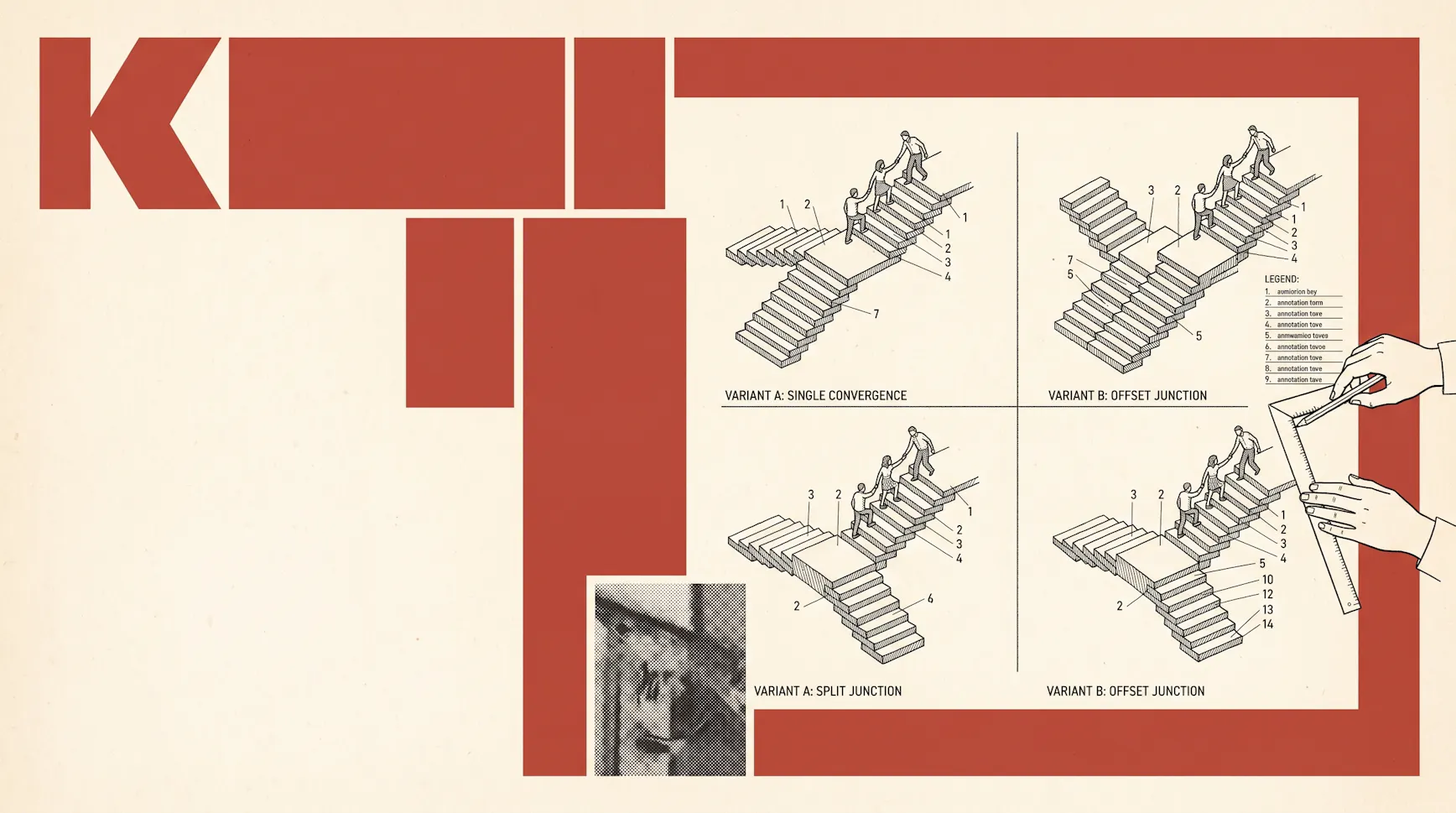 Red and cream schematic illustration of figures climbing four variants of converging staircases with a numbered legend