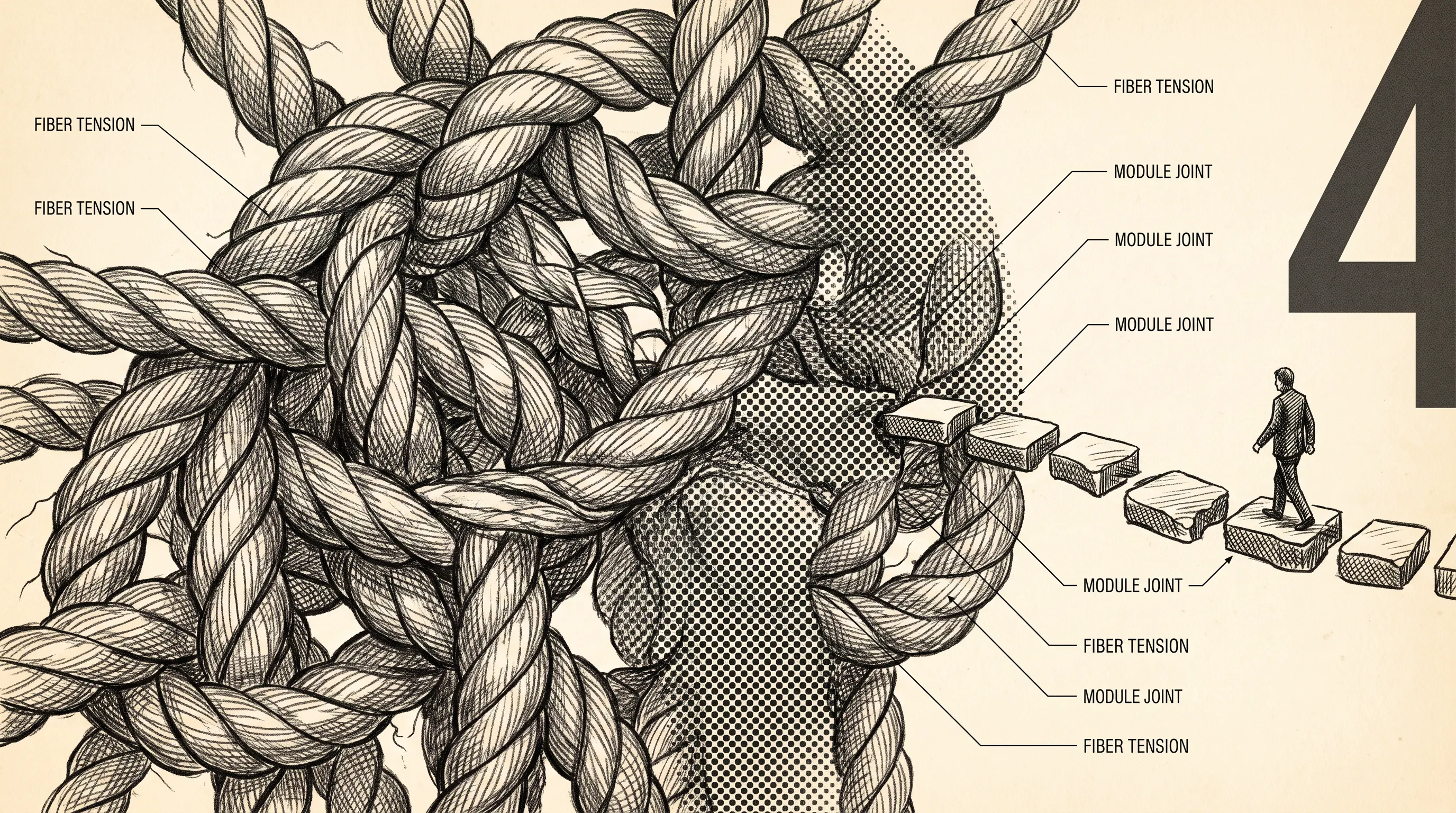 Illustration of a tiny figure walking a path of stepping blocks out of a giant tangle of rope, with labels reading Fiber Tension and Module Joint