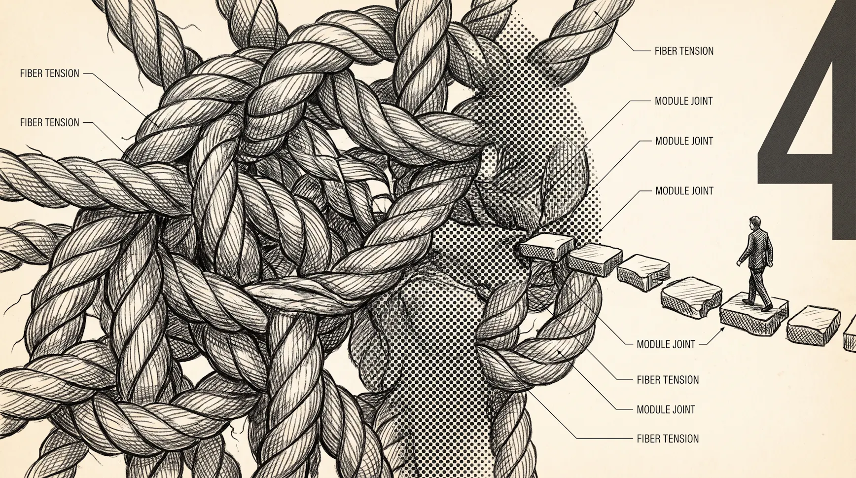Illustration of a tiny figure walking a path of stepping blocks out of a giant tangle of rope, with labels reading Fiber Tension and Module Joint