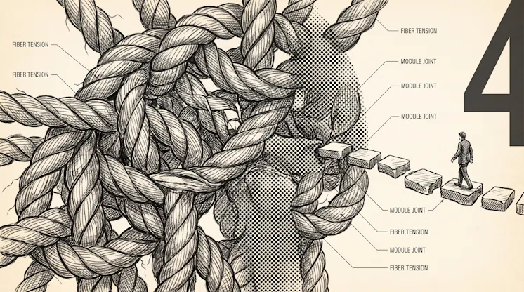 Illustration of a tiny figure walking a path of stepping blocks out of a giant tangle of rope, with labels reading Fiber Tension and Module Joint