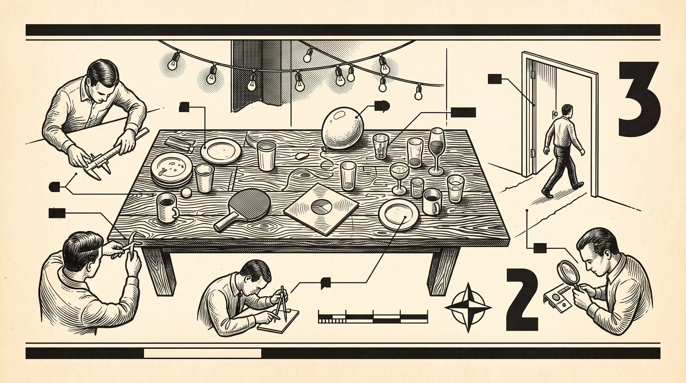 Vintage-style illustration of men measuring and cataloguing leftover party items on a wooden table as one walks out the door